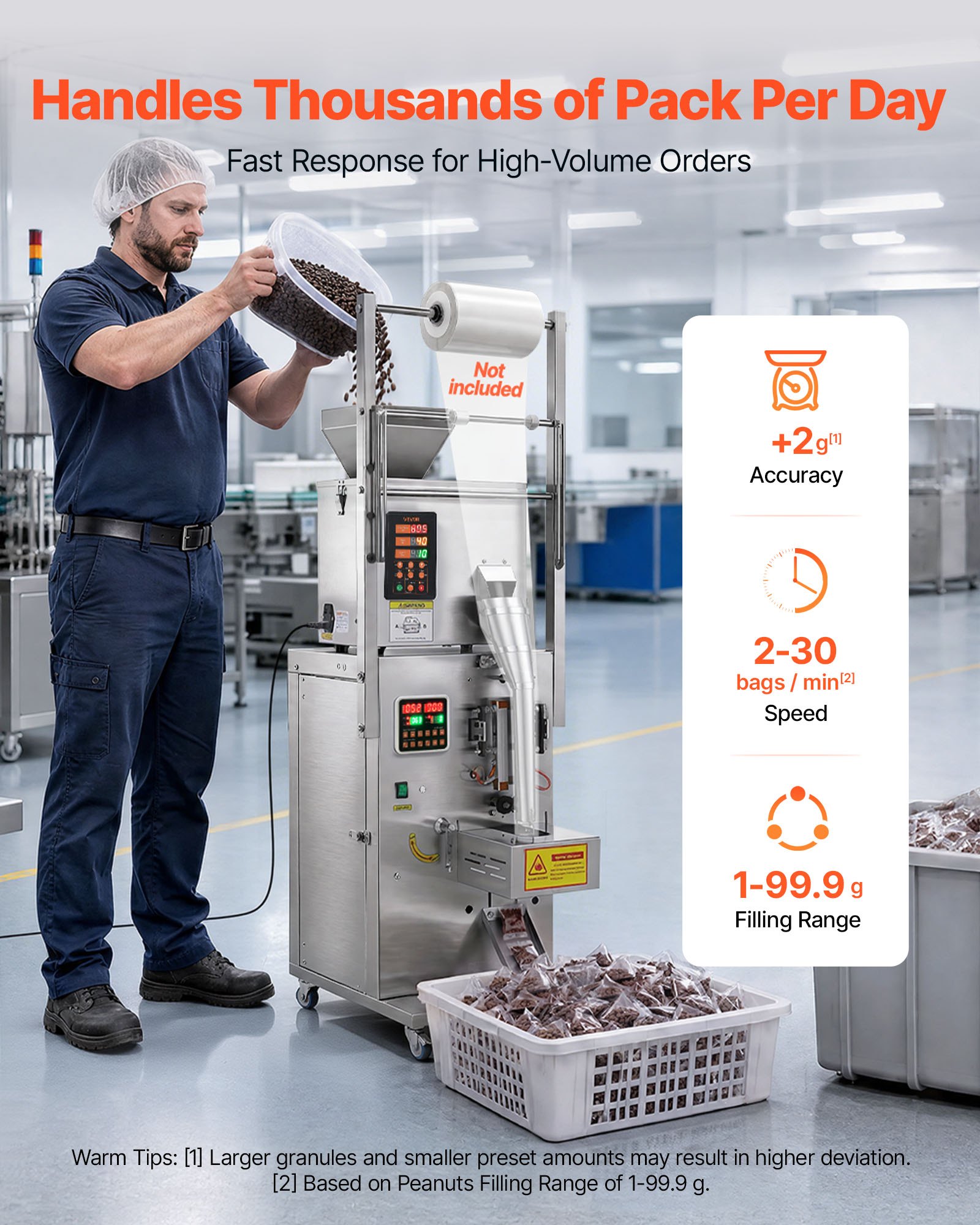 VEVOR Macchina Dosatrice e Sigillatrice per Polveri e Granuli, 1-99,9 g, Dosatore Automatica per Granuli, in Acciaio Inox, Pesatura e Sigillatura Intelligenti, per Caffè, Cereali e Tè, Argento