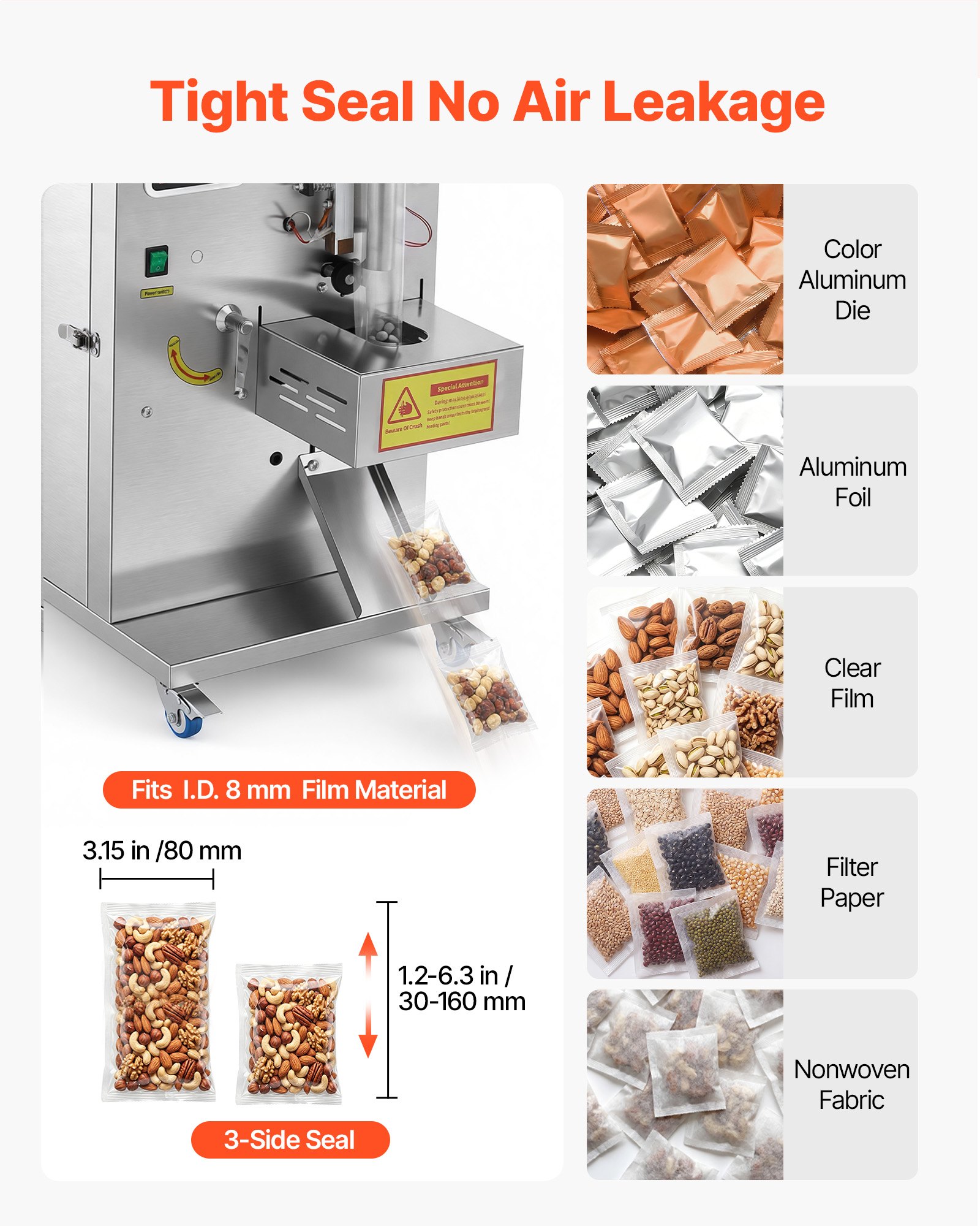 VEVOR Macchina Dosatrice e Sigillatrice per Polveri e Granuli, 1-99,9 g, Dosatore Automatica per Granuli, in Acciaio Inox, Pesatura e Sigillatura Intelligenti, per Caffè, Cereali e Tè, Argento