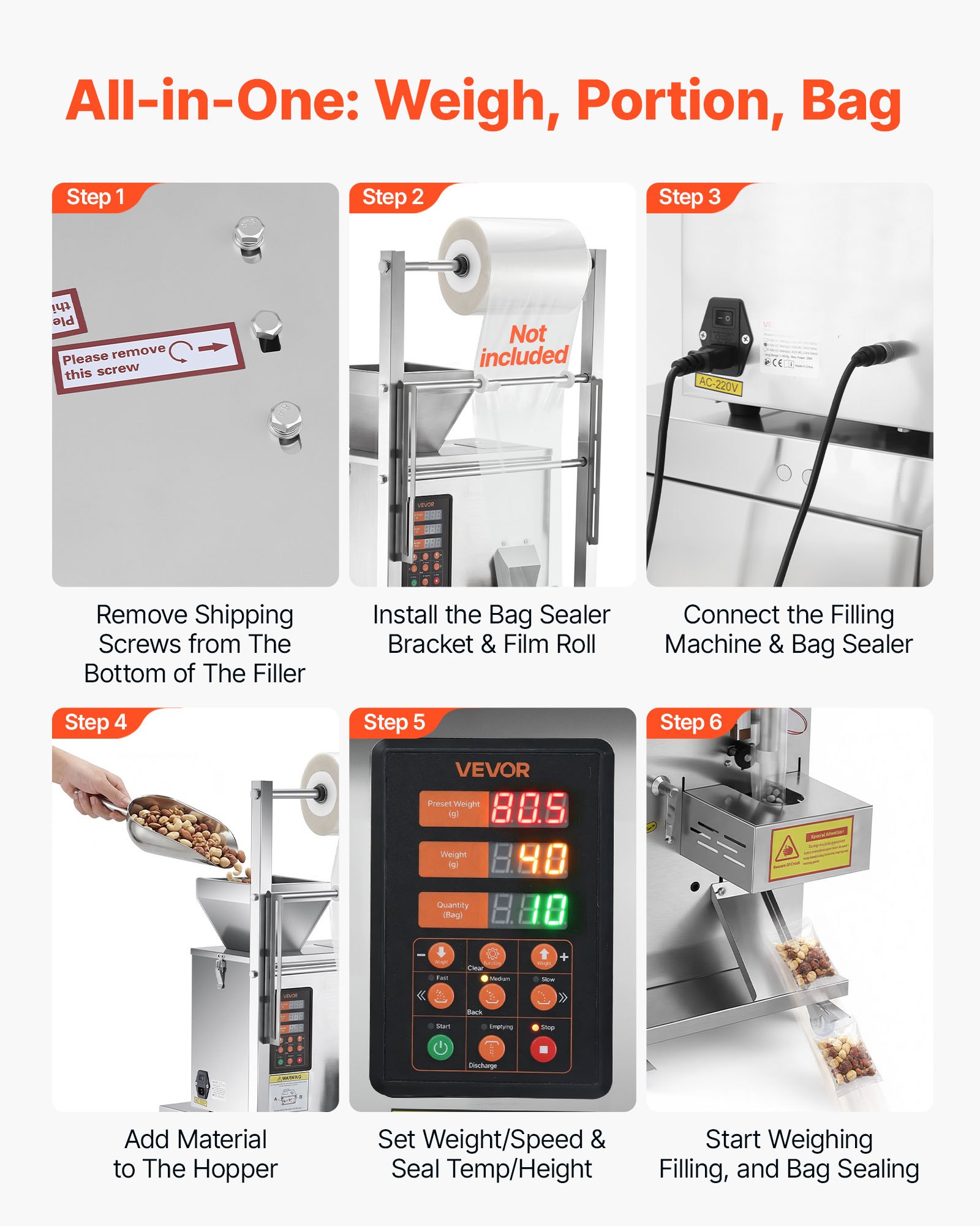 VEVOR Macchina Dosatrice e Sigillatrice per Polveri e Granuli, 1-99,9 g, Dosatore Automatica per Granuli, in Acciaio Inox, Pesatura e Sigillatura Intelligenti, per Caffè, Cereali e Tè, Argento