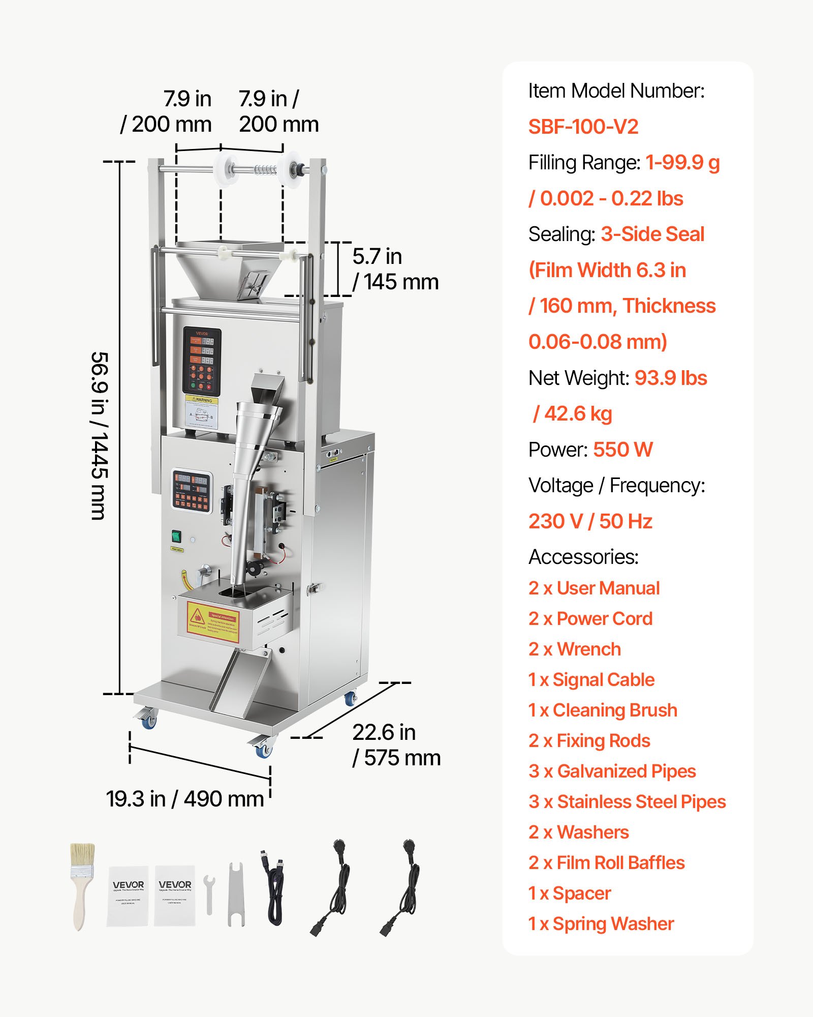 VEVOR Macchina Dosatrice e Sigillatrice per Polveri e Granuli, 1-99,9 g, Dosatore Automatica per Granuli, in Acciaio Inox, Pesatura e Sigillatura Intelligenti, per Caffè, Cereali e Tè, Argento