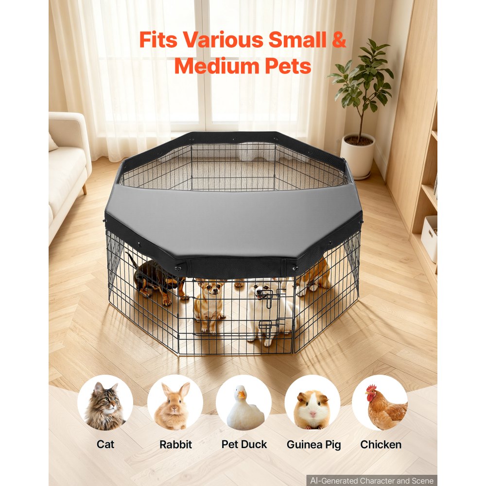 VEVOR Box per Cani Coperto da 61 cm 8 Pannelli Pieghevole Nero in Metallo, Gabbia Pieghevole Parasole Portatile da Interno con Porta, per Delimitazione Zona Cuccioli e Altri Piccoli Animali Domestici