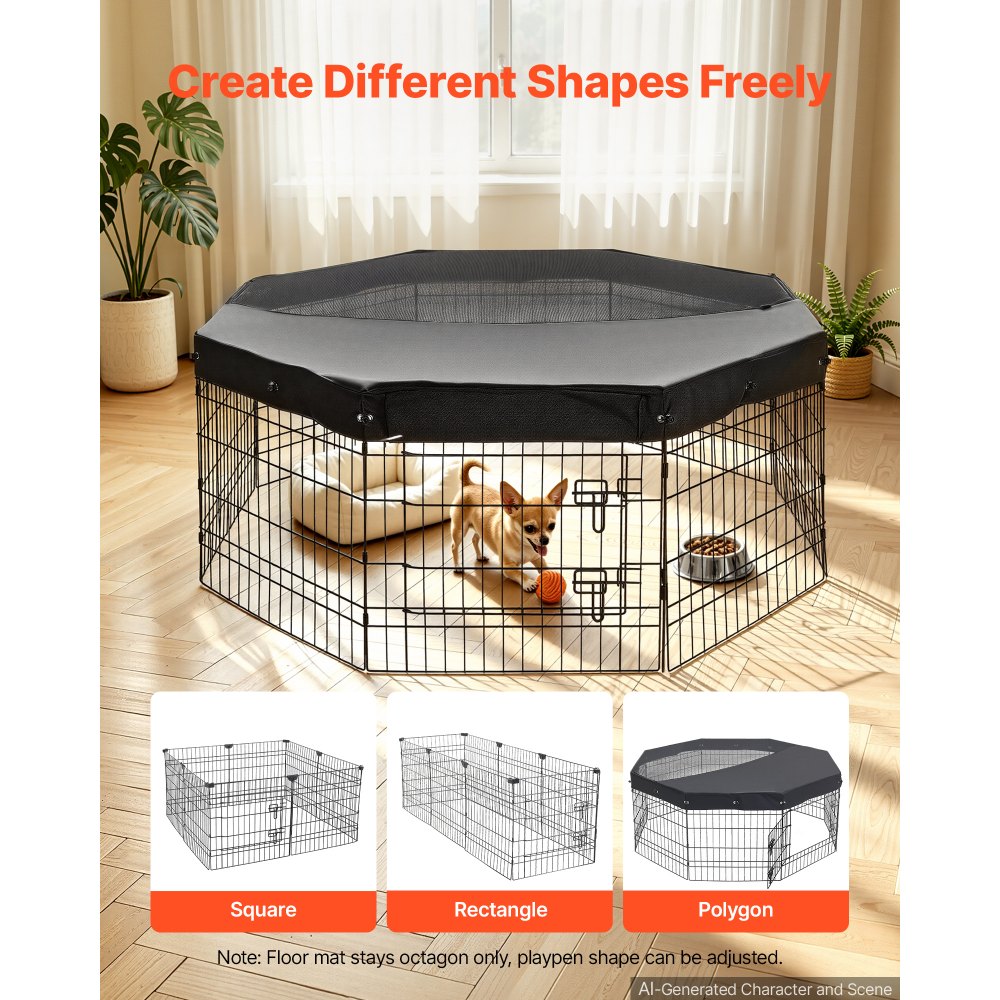 VEVOR Box per Cani Coperto da 61 cm 8 Pannelli Pieghevole Nero in Metallo, Gabbia Pieghevole Parasole Portatile da Interno con Porta, per Delimitazione Zona Cuccioli e Altri Piccoli Animali Domestici