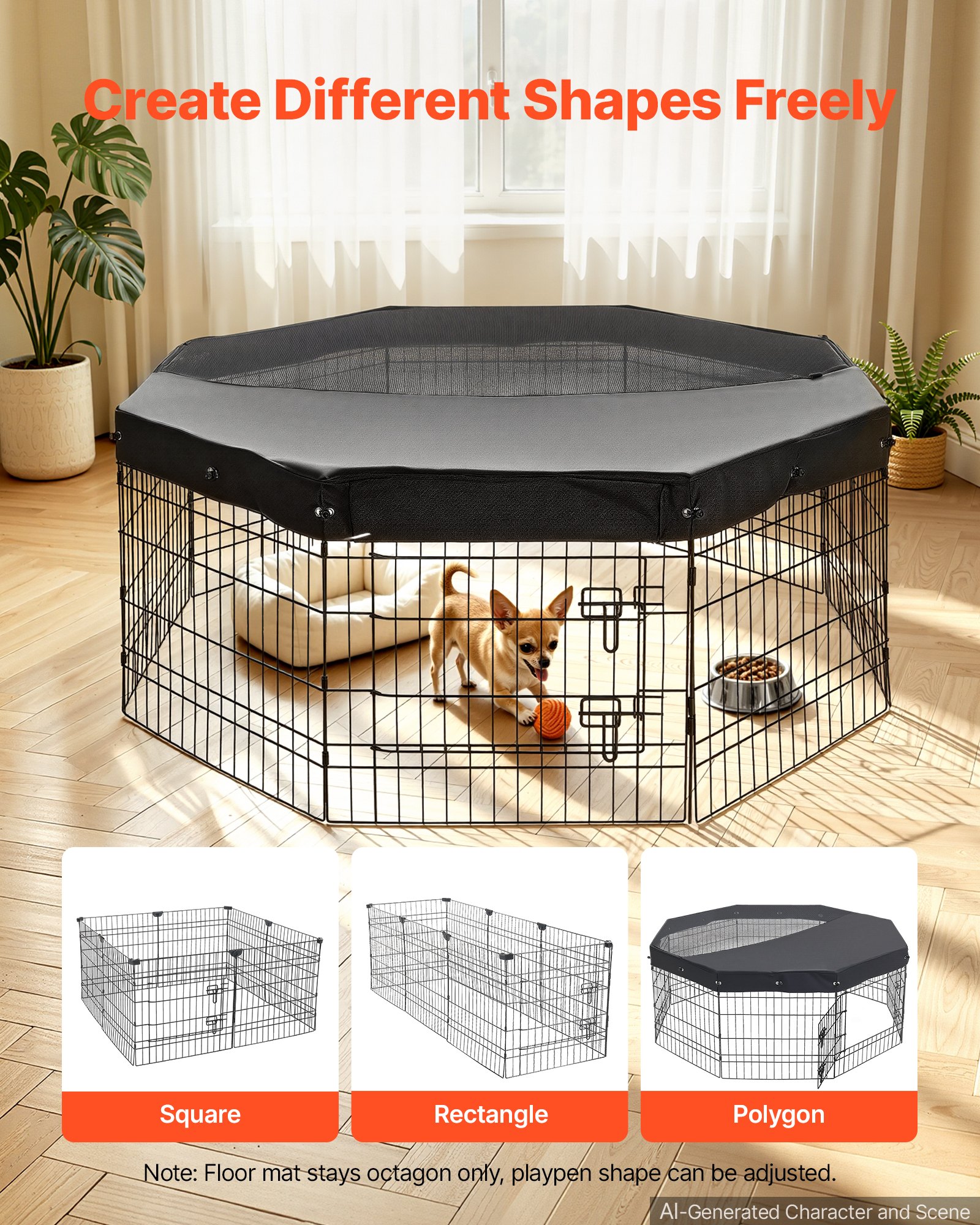 VEVOR Box per Cani Coperto da 61 cm 8 Pannelli Pieghevole Nero in Metallo, Gabbia Pieghevole Parasole Portatile da Interno con Porta, per Delimitazione Zona Cuccioli e Altri Piccoli Animali Domestici