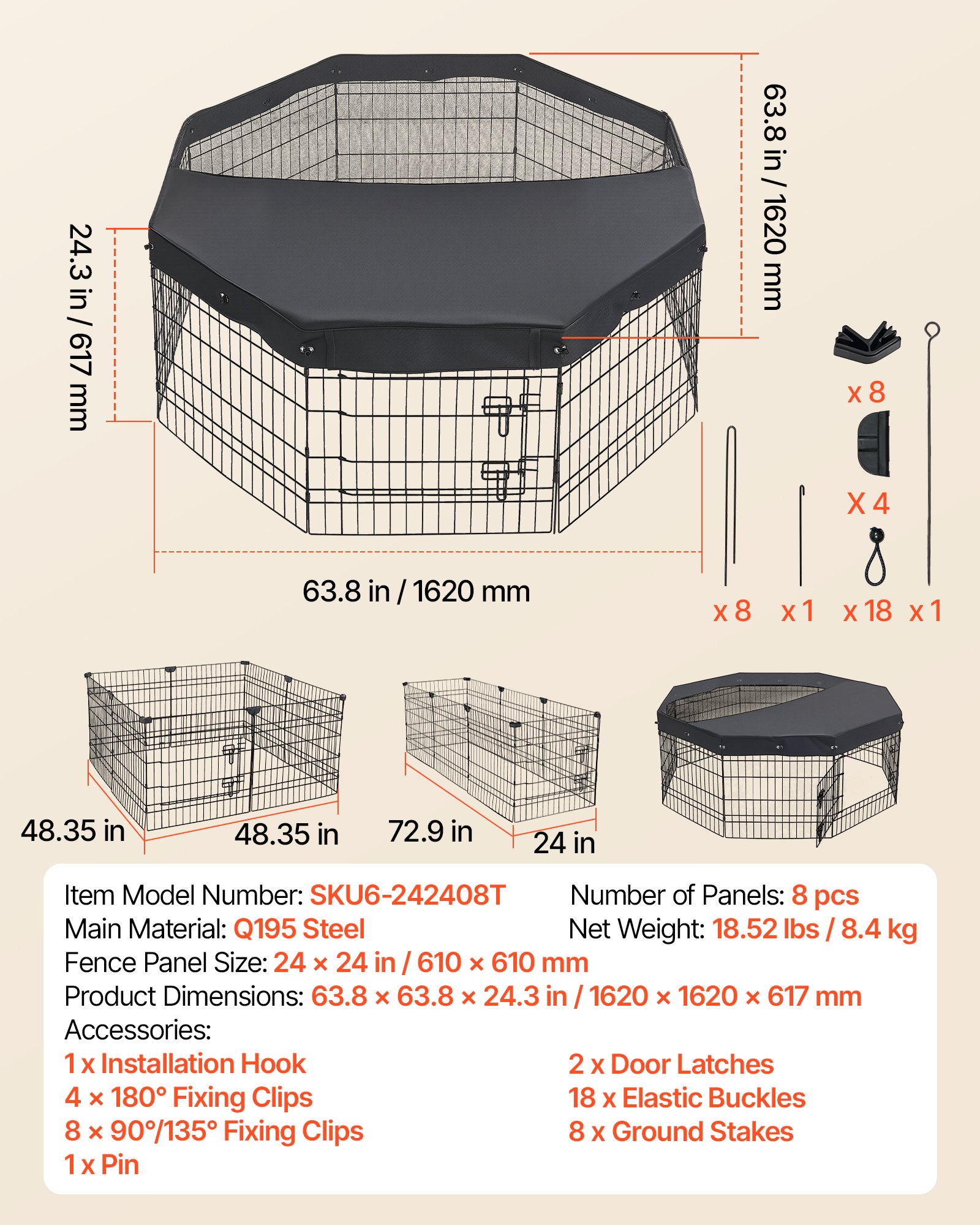 VEVOR Box per Cani Coperto da 61 cm 8 Pannelli Pieghevole Nero in Metallo, Gabbia Pieghevole Parasole Portatile da Interno con Porta, per Delimitazione Zona Cuccioli e Altri Piccoli Animali Domestici