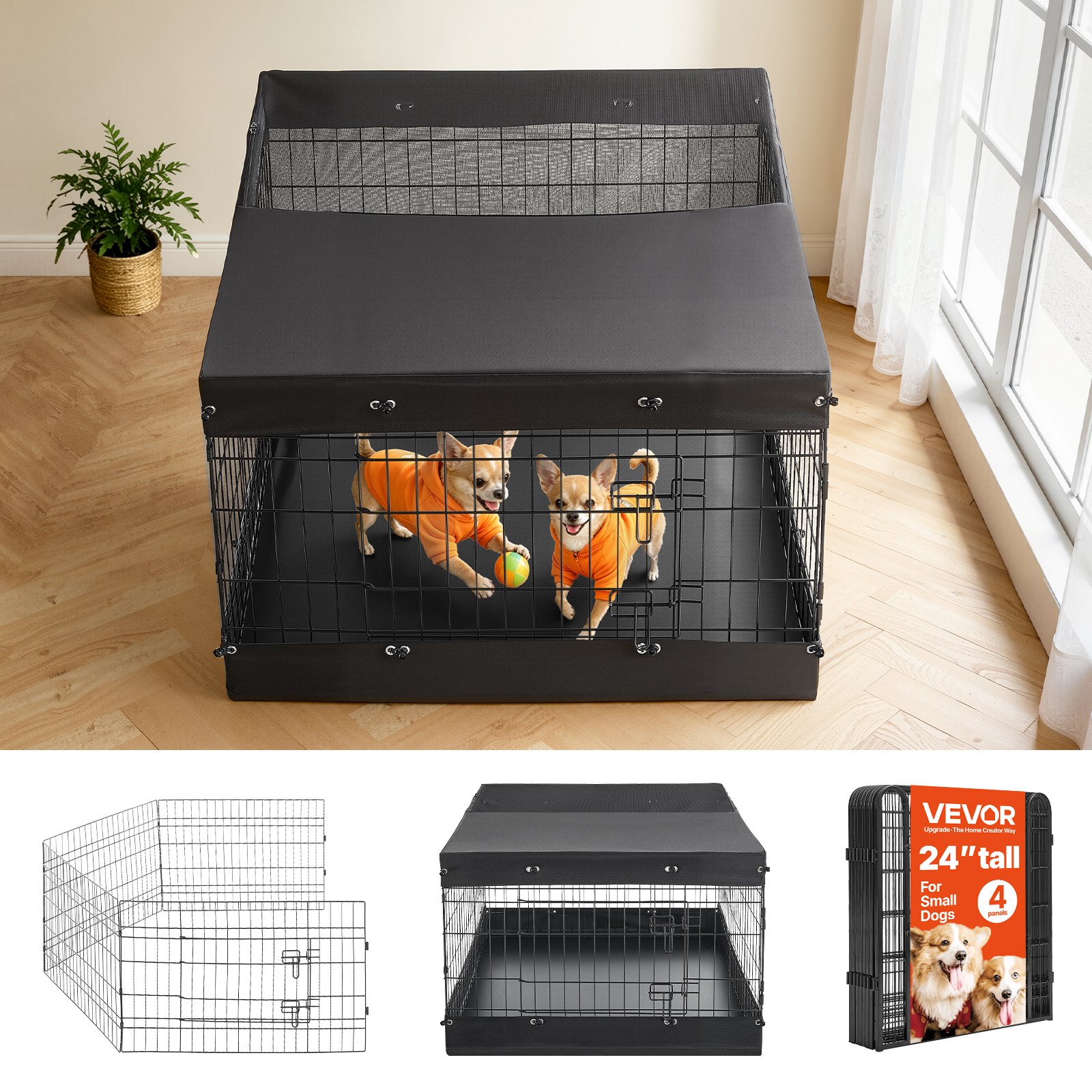 VEVOR Box per Cani da 61 cm 4 Pannelli Copertura Superiore e Base Imbottita, Recinto per Esercizi Colore Nero Metallico Pieghevole per Interni con Porta, per Cuccioli di Gatti e Altri Piccoli Animali
