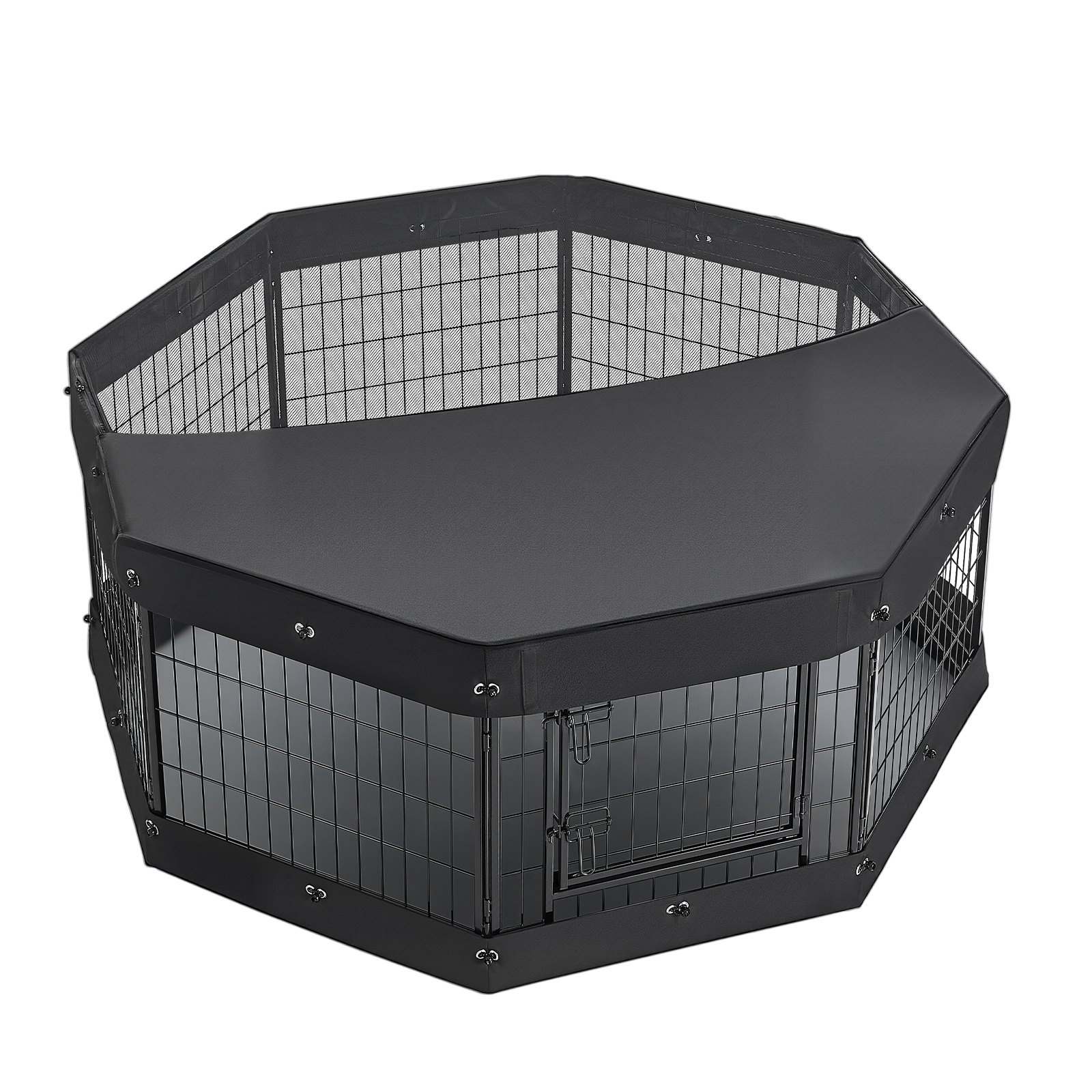 VEVOR Box per Cani da 61 cm 8 Pannelli con Copertura e Base Imbottita Nero, Gabbia per Interni Pieghevole in Metallo con Porta, Parasole, per Chiusura Esercizio Cuccioli e Animali di Piccola Taglia