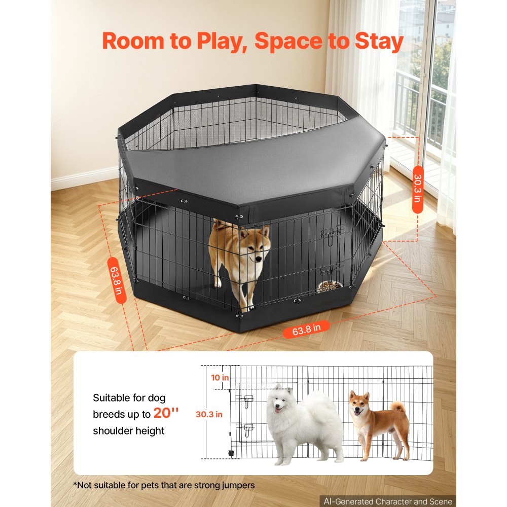 VEVOR Box per Cani da 76 cm con 8 Pannelli Copertura Base Imbottita Nero, Recinto Pieghevole in Metallo con Porta, Uso Interno ed Esterno, per Recinzione Cuccioli Conigli e Altri Animali Domestici