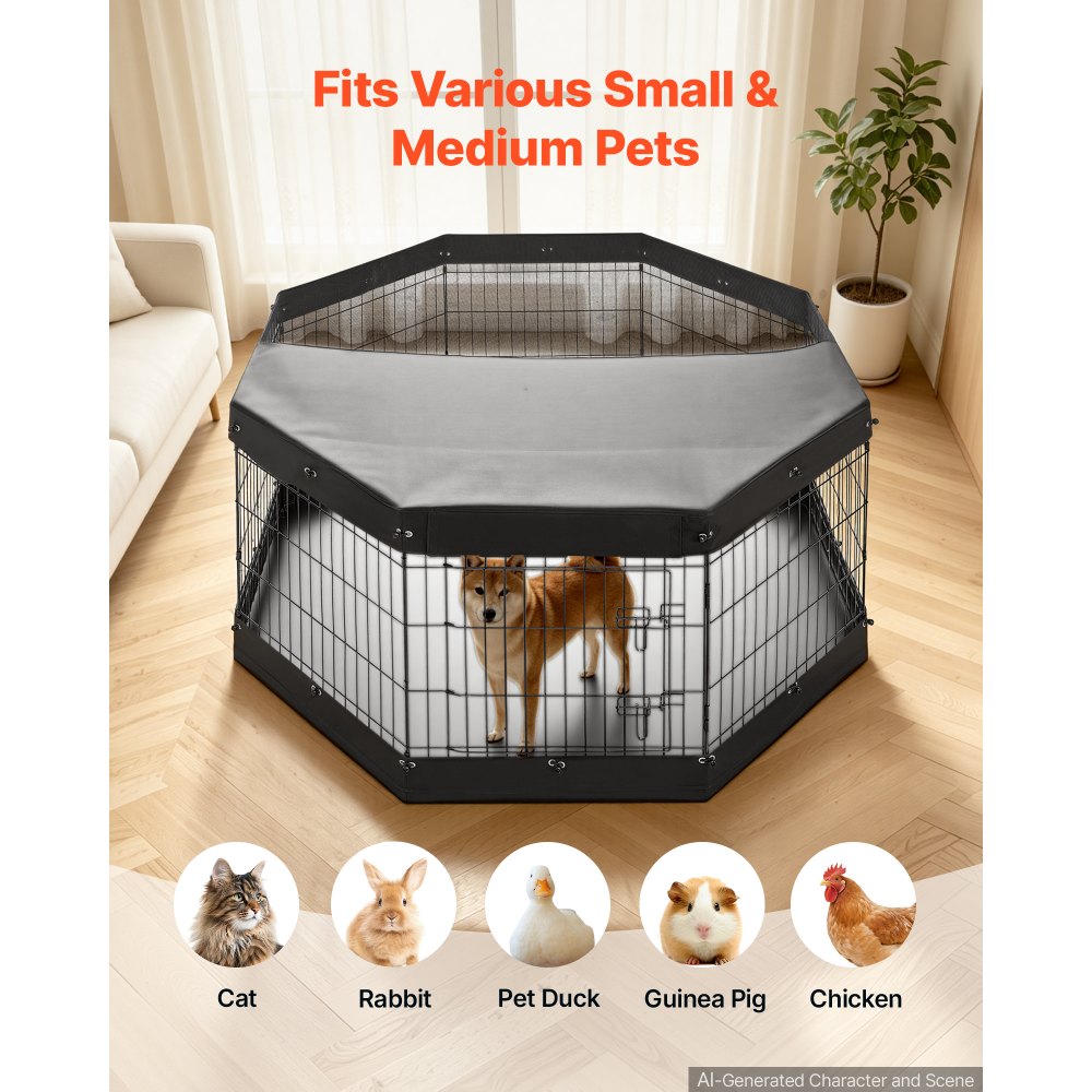 VEVOR Box per Cani da 76 cm con 8 Pannelli Copertura Base Imbottita Nero, Recinto Pieghevole in Metallo con Porta, Uso Interno ed Esterno, per Recinzione Cuccioli Conigli e Altri Animali Domestici