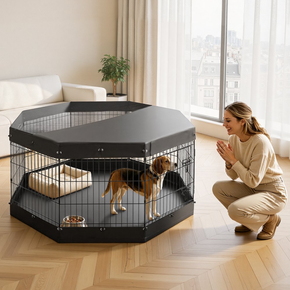 VEVOR Box per Cani da 76 cm con 8 Pannelli Copertura Base Imbottita Nero, Recinto Pieghevole in Metallo con Porta, Uso Interno ed Esterno, per Recinzione Cuccioli Conigli e Altri Animali Domestici
