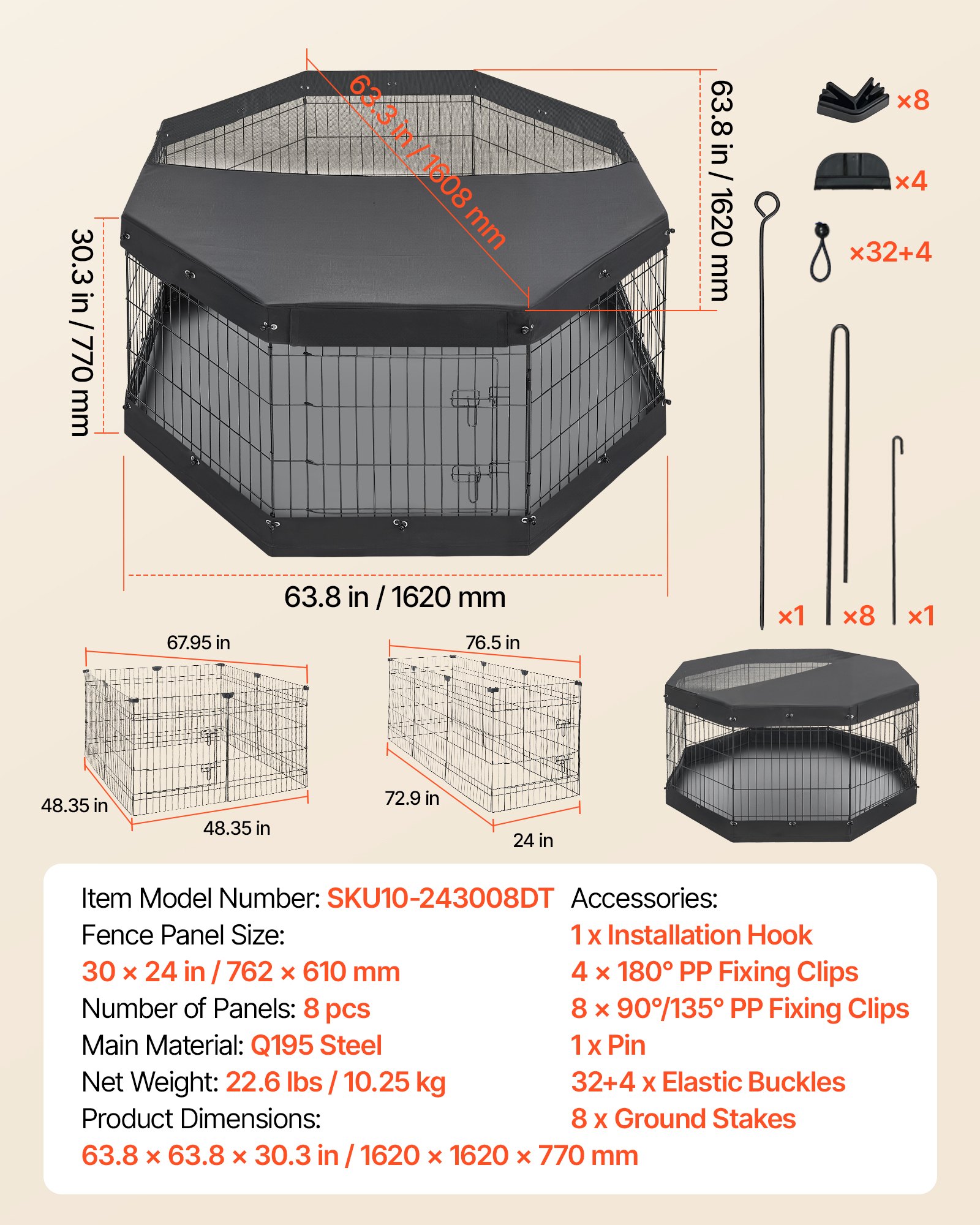 VEVOR Box per Cani da 76 cm con 8 Pannelli Copertura Base Imbottita Nero, Recinto Pieghevole in Metallo con Porta, Uso Interno ed Esterno, per Recinzione Cuccioli Conigli e Altri Animali Domestici