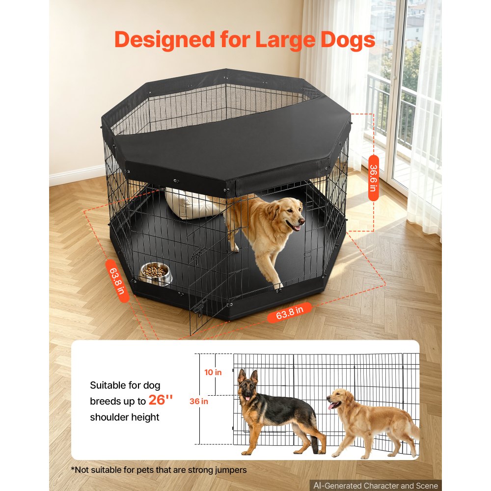 VEVOR Box per Cani da 91 cm 8 Pannelli Copertura Superiore e Base Imbottita, Recinzione Pieghevole in Metallo con Porta, Colore Nero, per Cuccioli e Delimitazione Animali Domestici di Piccola Taglia