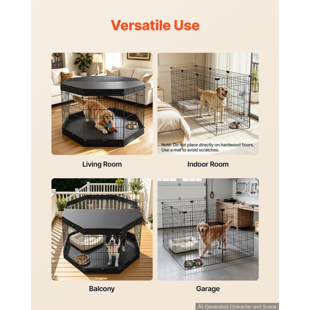 VEVOR Box per Cani da 91 cm 8 Pannelli Copertura Superiore e Base Imbottita, Recinzione Pieghevole in Metallo con Porta, Colore Nero, per Cuccioli e Delimitazione Animali Domestici di Piccola Taglia