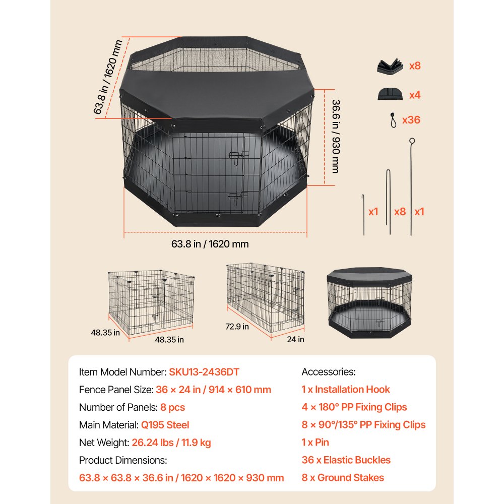 VEVOR Box per Cani da 91 cm 8 Pannelli Copertura Superiore e Base Imbottita, Recinzione Pieghevole in Metallo con Porta, Colore Nero, per Cuccioli e Delimitazione Animali Domestici di Piccola Taglia