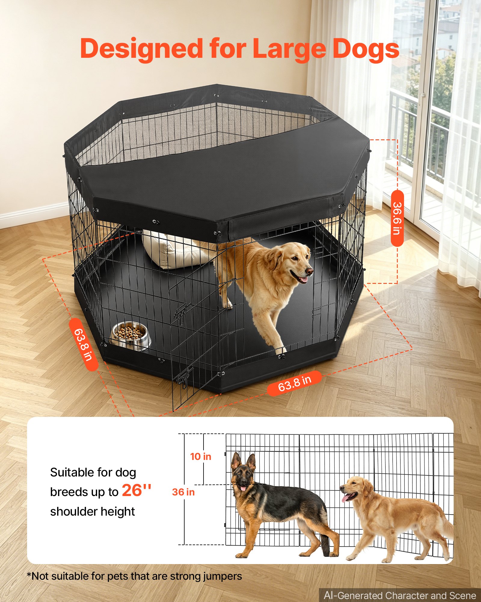 VEVOR Box per Cani da 91 cm 8 Pannelli Copertura Superiore e Base Imbottita, Recinzione Pieghevole in Metallo con Porta, Colore Nero, per Cuccioli e Delimitazione Animali Domestici di Piccola Taglia