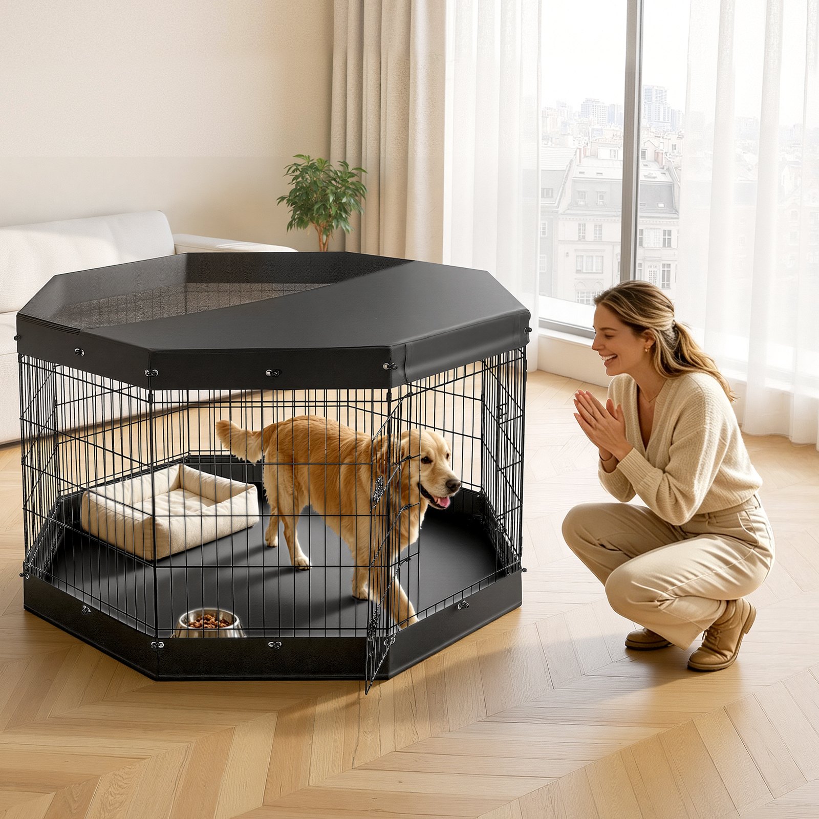 VEVOR Box per Cani da 91 cm 8 Pannelli Copertura Superiore e Base Imbottita, Recinzione Pieghevole in Metallo con Porta, Colore Nero, per Cuccioli e Delimitazione Animali Domestici di Piccola Taglia