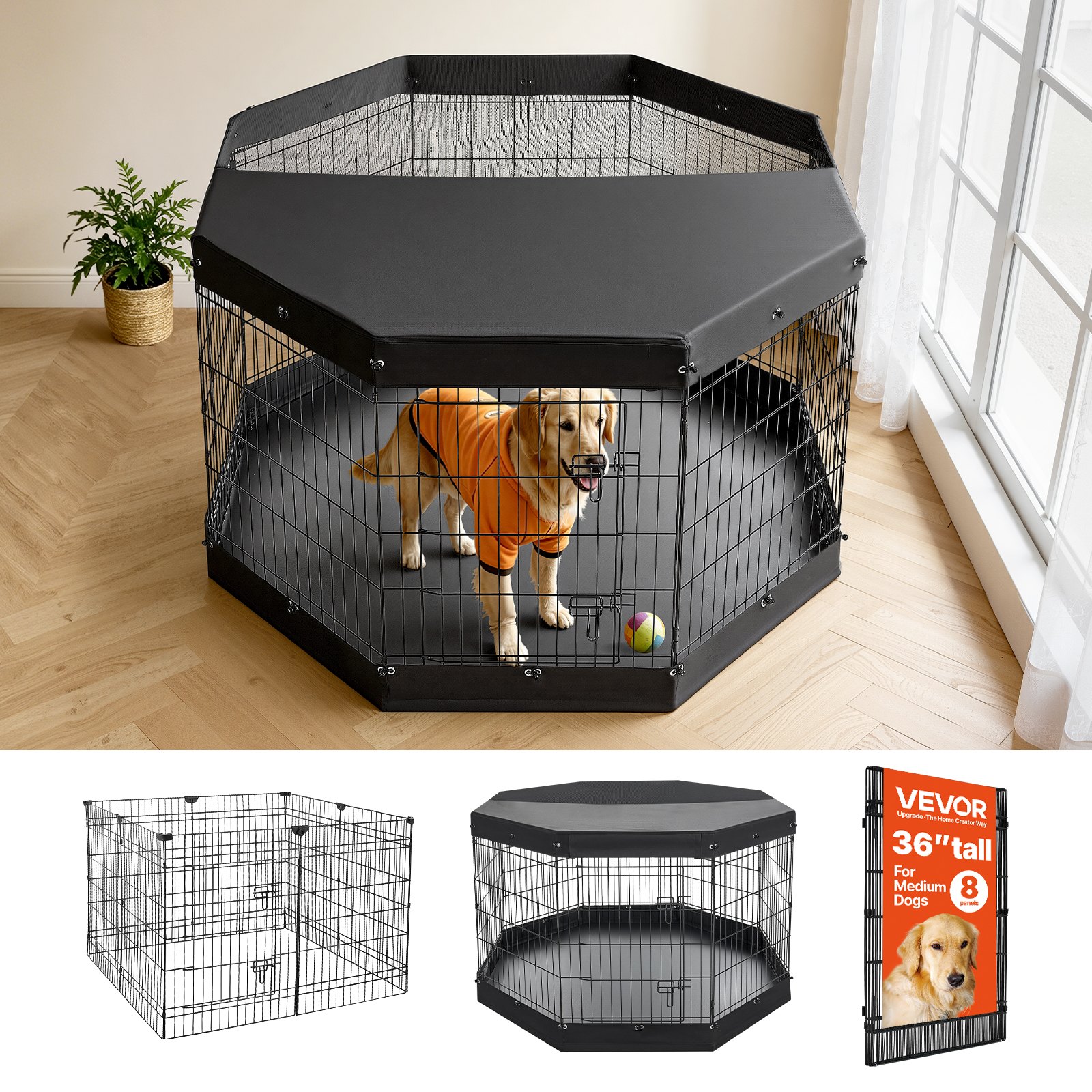 VEVOR Box per Cani da 91 cm 8 Pannelli Copertura Superiore e Base Imbottita, Recinzione Pieghevole in Metallo con Porta, Colore Nero, per Cuccioli e Delimitazione Animali Domestici di Piccola Taglia