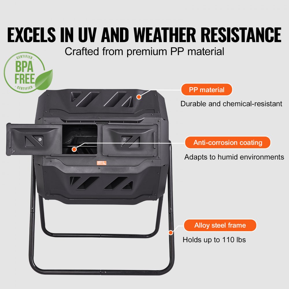 VEVOR Compostiera da Giardino Rotante 162,7L Doppia Camera, Compostiera Girevole a 360° in PP Senza BPA Portata max. 50 kg per Compostaggio Rifiuti Organici di Cucina per Giardinaggio Cortile Esterno