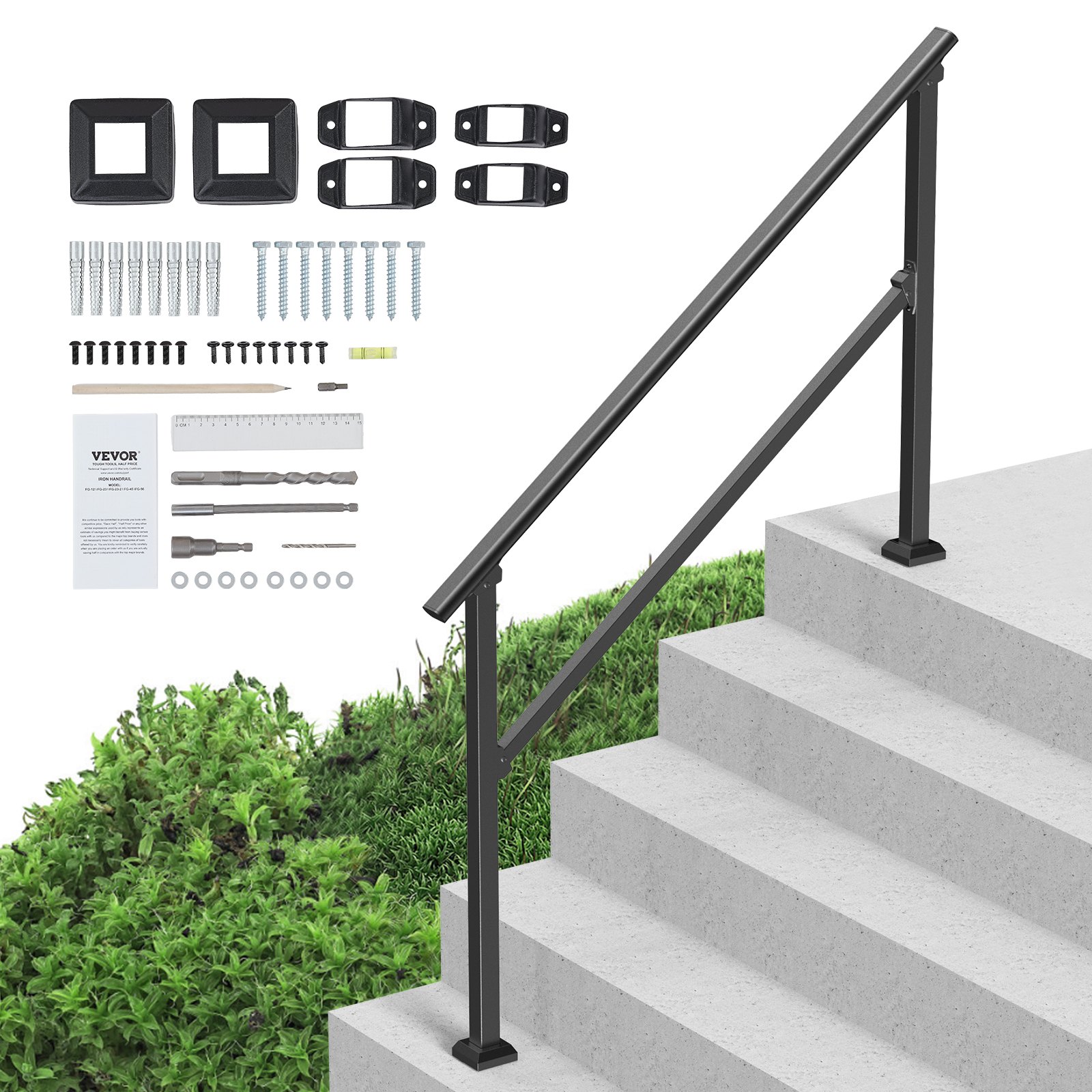 VEVOR Handrails for Outdoor Stairs, 4-5 Step Stair Handrail Set, Carbon Steel Transition Railing with Mounting Kit, Stair Railing for Seniors, Concrete Steps & Porch & Deck, Black Square Tube