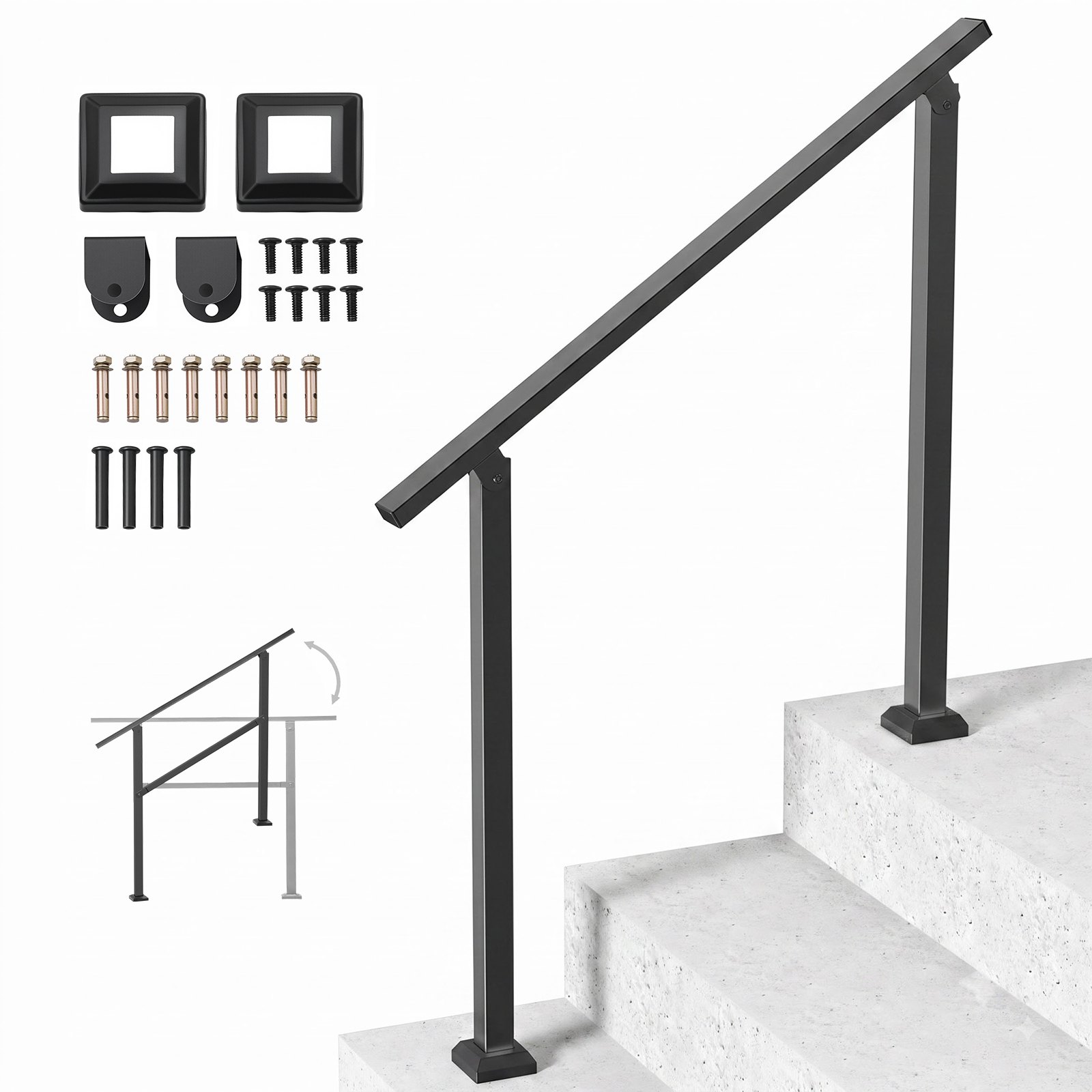 VEVOR Corrimano per Esterni, Kit Corrimano per Scale 2 a 3 Gradini, Tubo Quadrato Nero con Barra Orizzontale, Corrimano di Supporto in Acciaio al Carbonio, Scale in Cemento e Terrazze
