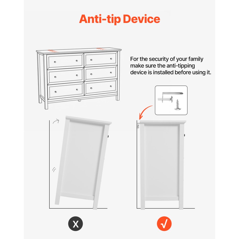 VEVOR Cassettiera a 6 Cassetti 39,6 x 120,1 x 78,7 cm Cassettiera in Legno con Meccanismo Scorrevole e Antiribaltamento, Porta TV Organizzatore per Soggiorno, Corridoio, Camera da Letto, Bianco