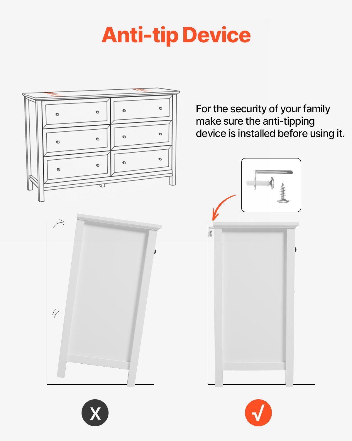 VEVOR Cassettiera a 6 Cassetti 39,6 x 120,1 x 78,7 cm Cassettiera in Legno con Meccanismo Scorrevole e Antiribaltamento, Porta TV Organizzatore per Soggiorno, Corridoio, Camera da Letto, Bianco