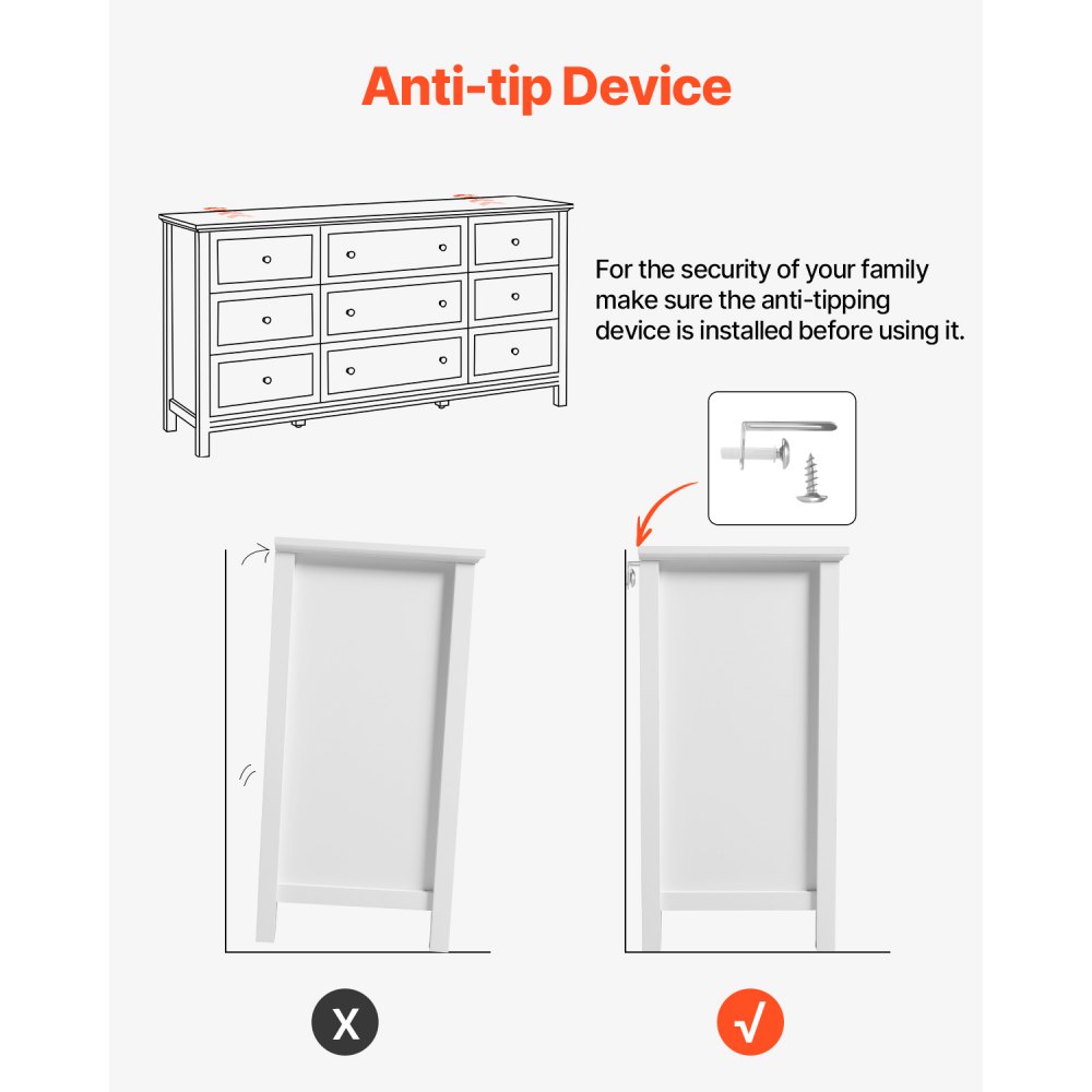 VEVOR Cassettiera a 9 Cassetti 39,9 x 149,9 x 78,7 cm Cassettiera in Legno con Meccanismo Scorrevole e Antiribaltamento, Porta TV Organizzatore per Soggiorno, Corridoio, Camera da Letto, Bianco