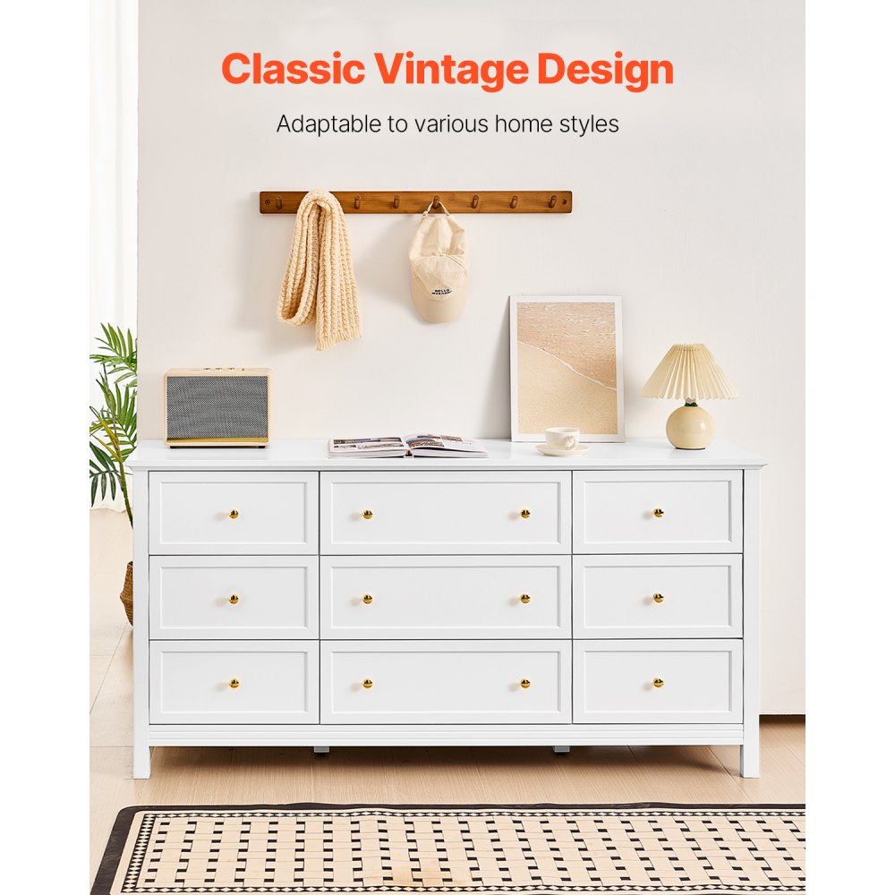 VEVOR Cassettiera a 9 Cassetti 39,9 x 149,9 x 78,7 cm Cassettiera in Legno con Meccanismo Scorrevole e Antiribaltamento, Porta TV Organizzatore per Soggiorno, Corridoio, Camera da Letto, Bianco