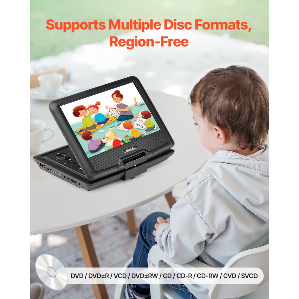 VEVOR portable DVD player with rotating HD screen (256 mm), built-in battery with 4-hour runtime, 2 speakers, supports synchronization of TV/USB/SD card/CD/DVD, car charger, black