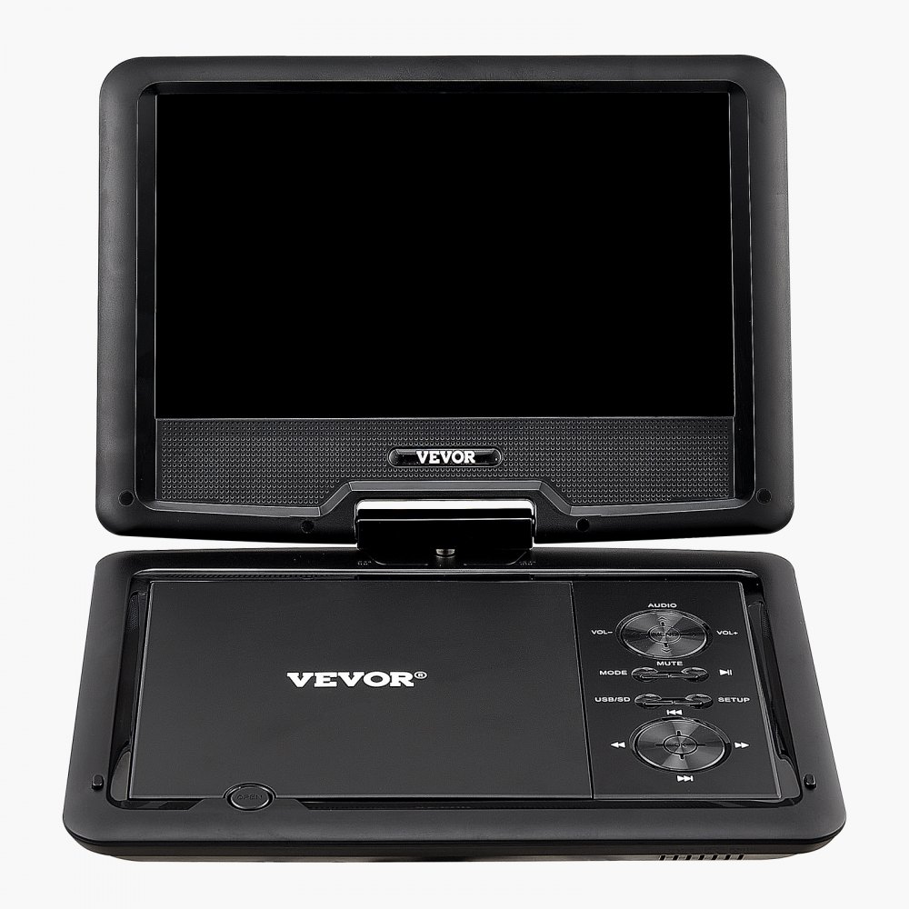 VEVOR portable DVD player with rotating HD screen (256 mm), built-in battery with 4-hour runtime, 2 speakers, supports synchronization of TV/USB/SD card/CD/DVD, car charger, black