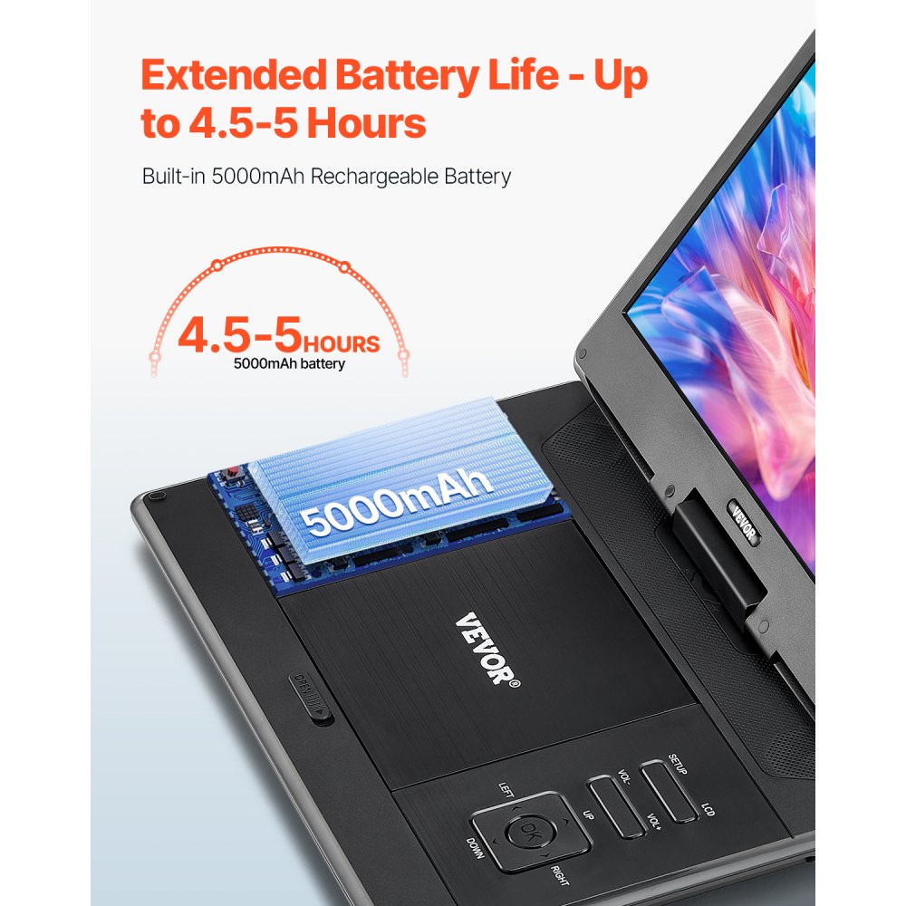 VEVOR Lettore DVD Portatile con Schermo Girevole 358 mm, Lettore DVD da Viaggio con Altoparlante Doppio, Supporto Sincronizzazione TV/USB/Scheda SD/CD/DVD, Caricabatteria da Auto