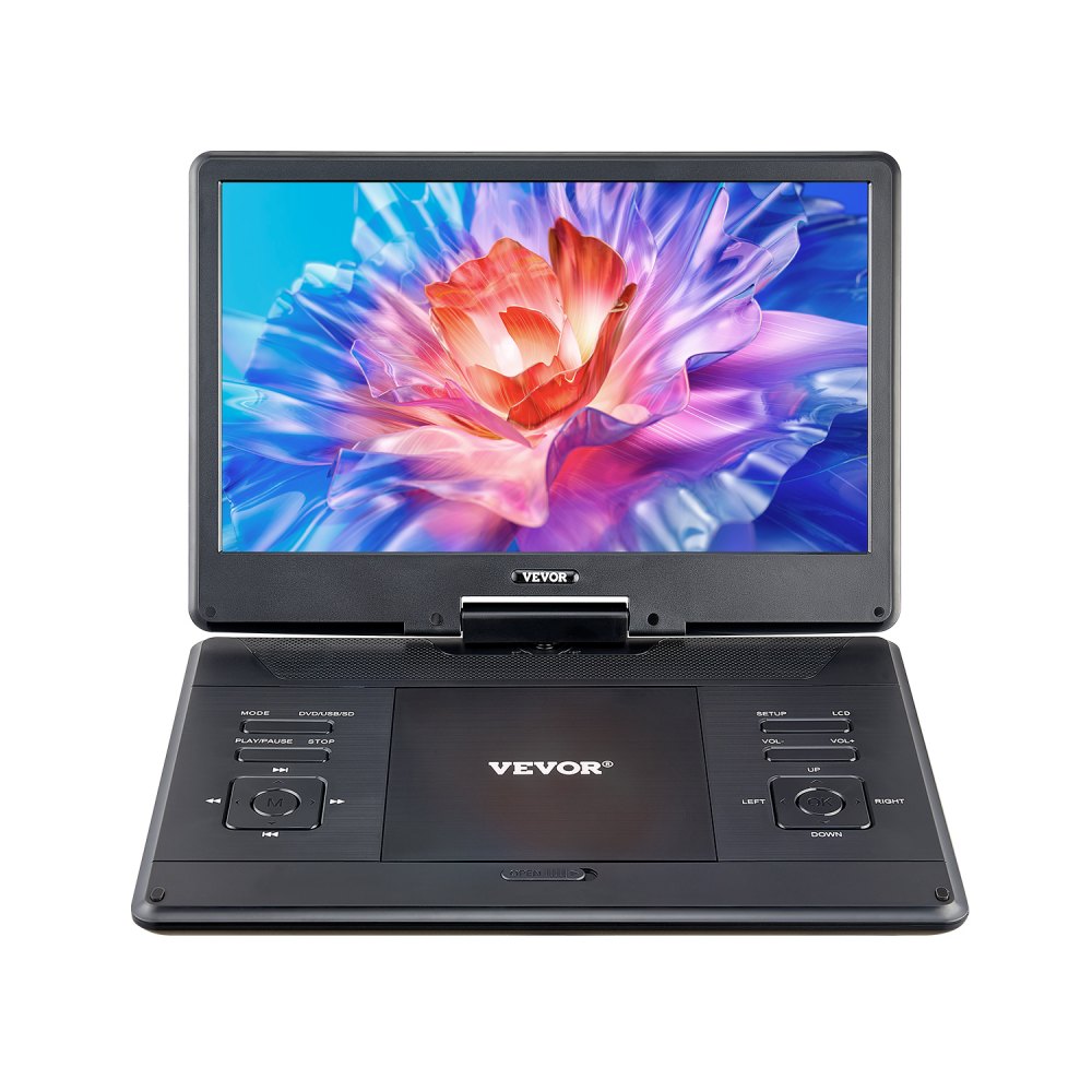 VEVOR Lettore DVD Portatile con Schermo Girevole 358 mm, Lettore DVD da Viaggio con Altoparlante Doppio, Supporto Sincronizzazione TV/USB/Scheda SD/CD/DVD, Caricabatteria da Auto