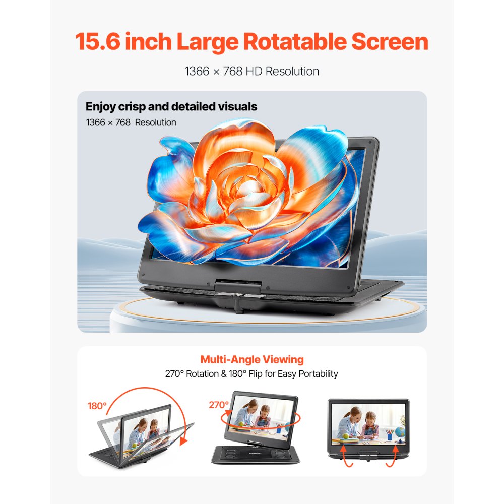 VEVOR portable DVD player with rotating HD screen (396 mm), built-in battery with 4.5-5 hours runtime, 2 speakers, supports synchronization of TV/USB/SD card/CD/DVD, car charger