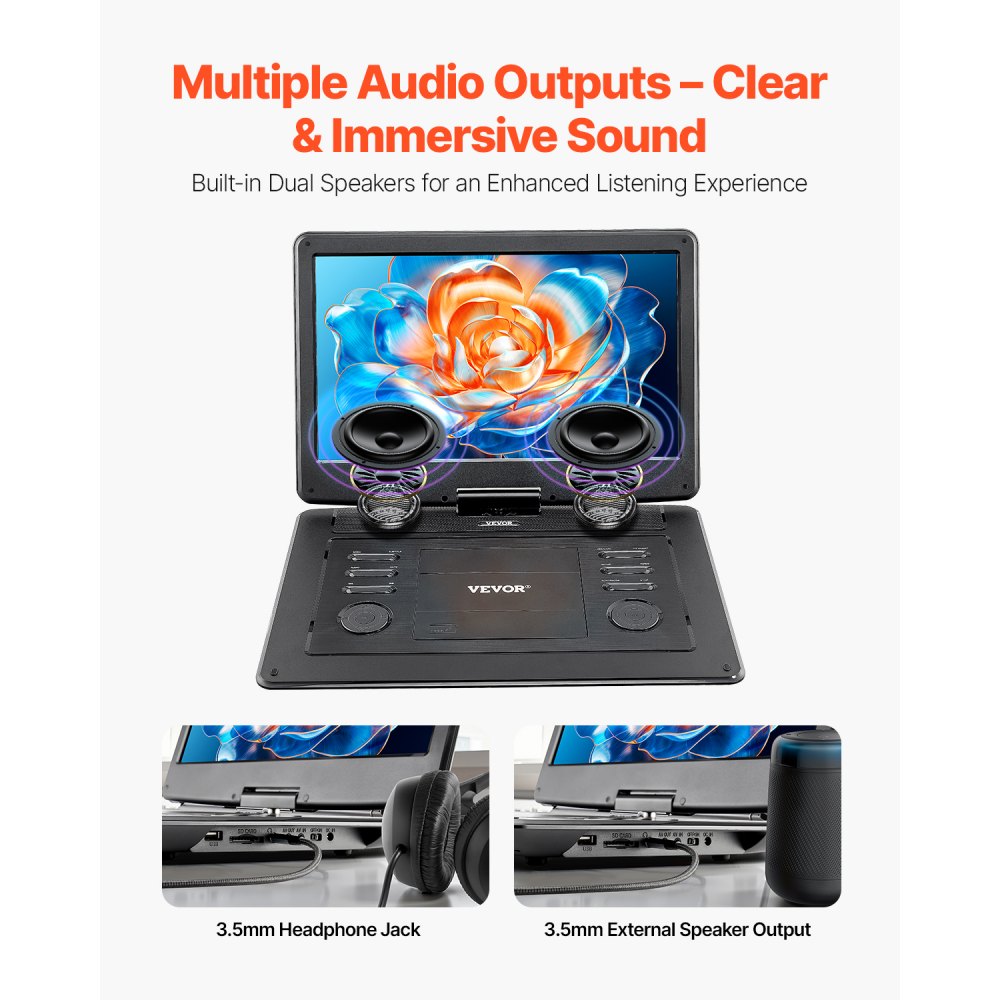 VEVOR portable DVD player with rotating HD screen (396 mm), built-in battery with 4.5-5 hours runtime, 2 speakers, supports synchronization of TV/USB/SD card/CD/DVD, car charger