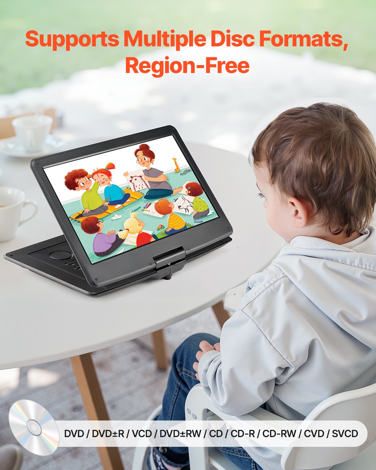 VEVOR portable DVD player with rotating HD screen (396 mm), built-in battery with 4.5-5 hours runtime, 2 speakers, supports synchronization of TV/USB/SD card/CD/DVD, car charger