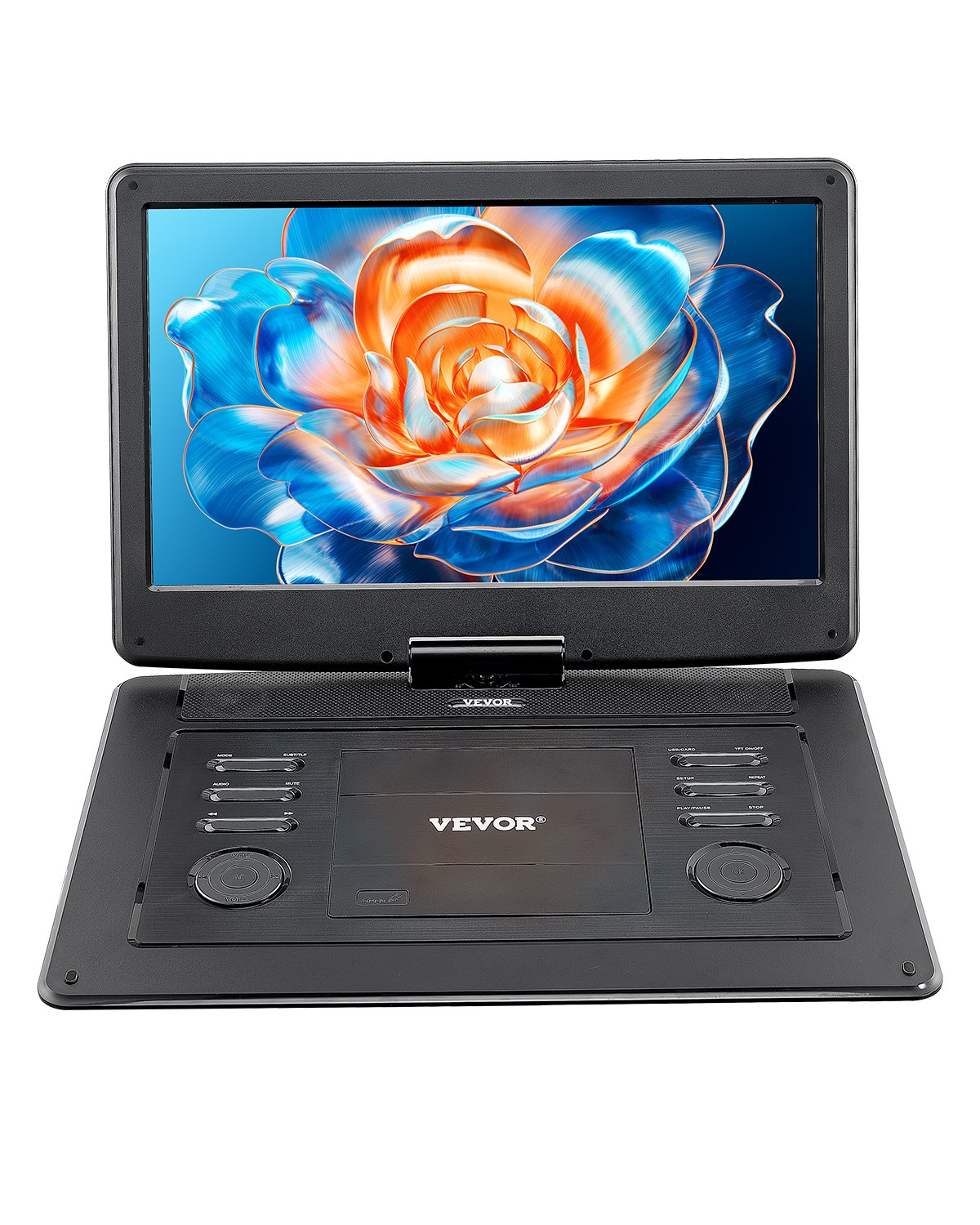 VEVOR portable DVD player with rotating HD screen (396 mm), built-in battery with 4.5-5 hours runtime, 2 speakers, supports synchronization of TV/USB/SD card/CD/DVD, car charger