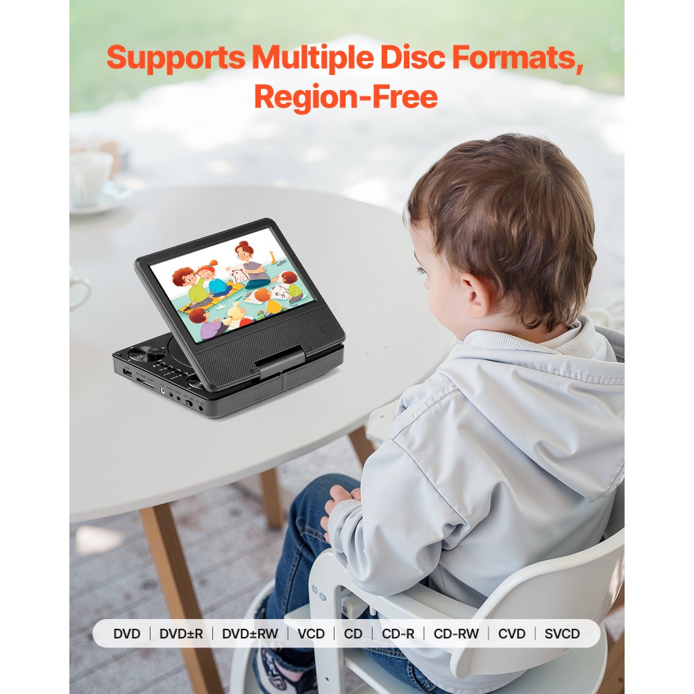 VEVOR Lettore DVD Portatile, Schermo HD Girevole da 7 pollici, Batteria Ricaricabile Integrata con Durata di 4 Ore, Altoparlante Doppio, Supporto Sincronizzazione TV/USB/Scheda SD/CD/DVD