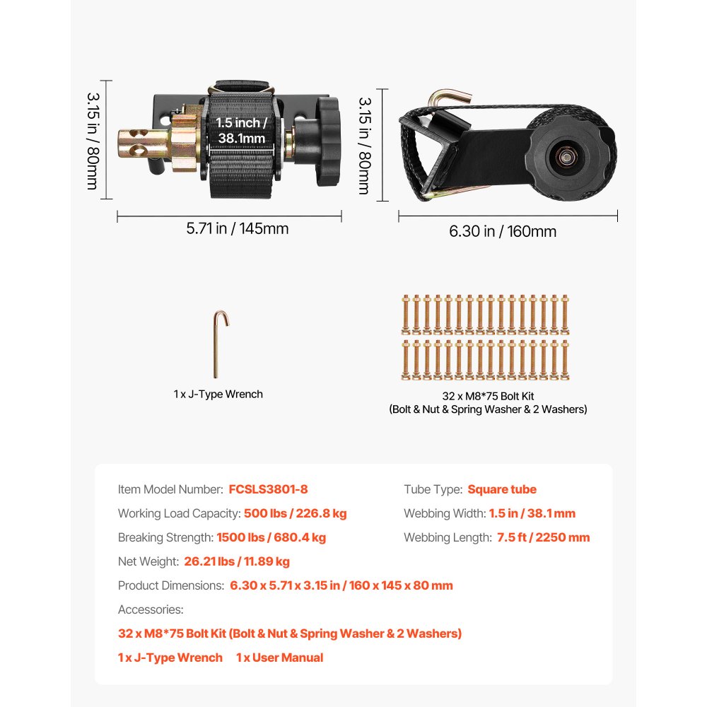 VEVOR Cinghie a Cricchetto per Portapacchi, Montaggio su Tubo Quadrato Nero, Larghezza 38 mm x Lunghezza 2,25 m, Cinghie Nere per Fissaggio con Doppi Ganci a J, Carico 226,8 kg, Confezione da 8