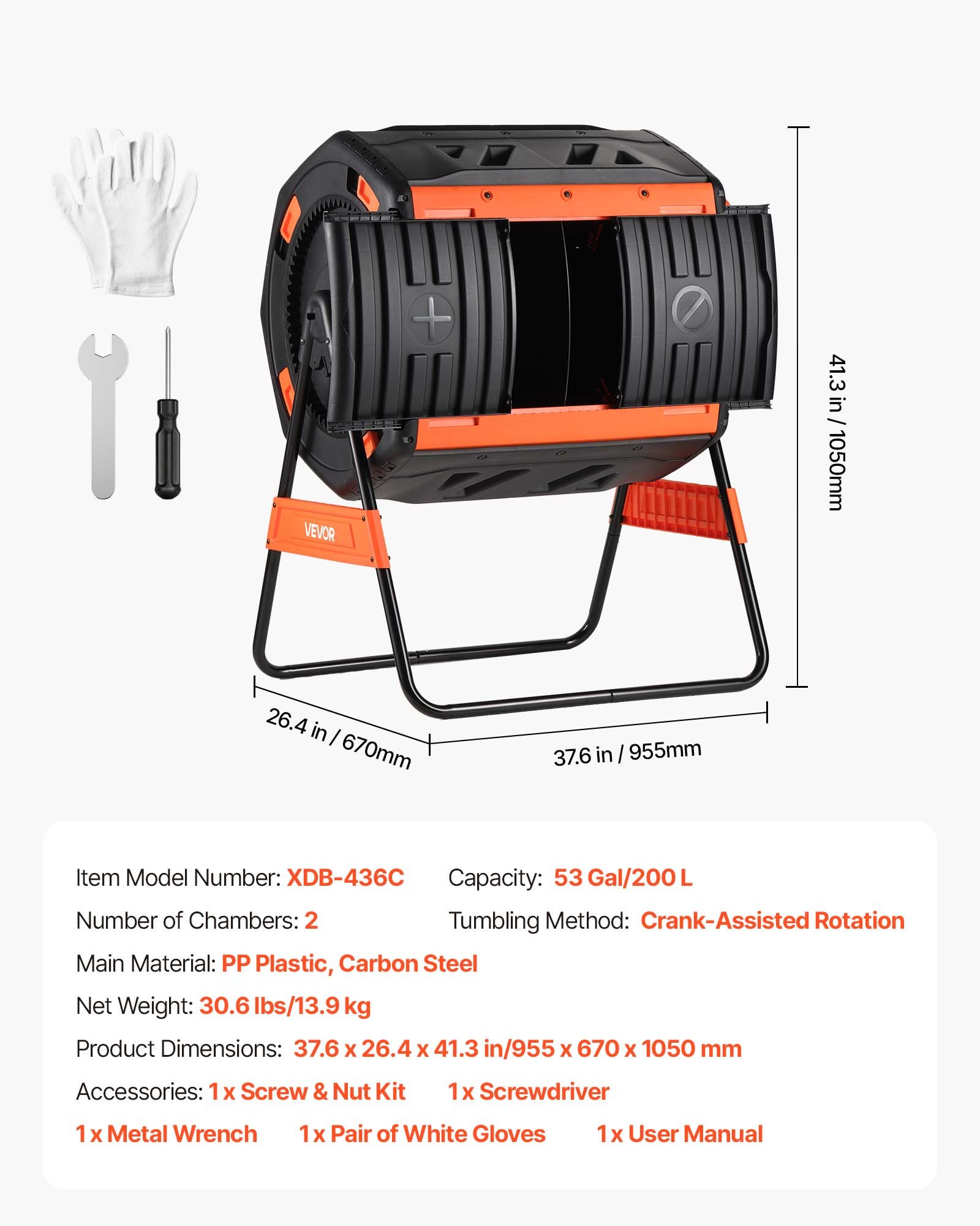 VEVOR Compostiera da Giardino Rotante a Doppia Camera da 200 L per Esterni con 2 Porte Scorrevoli e Sistema di Aerazione, Compostiera Rotativa per Rifiuti Esterni, da Cucina e da Cortile.