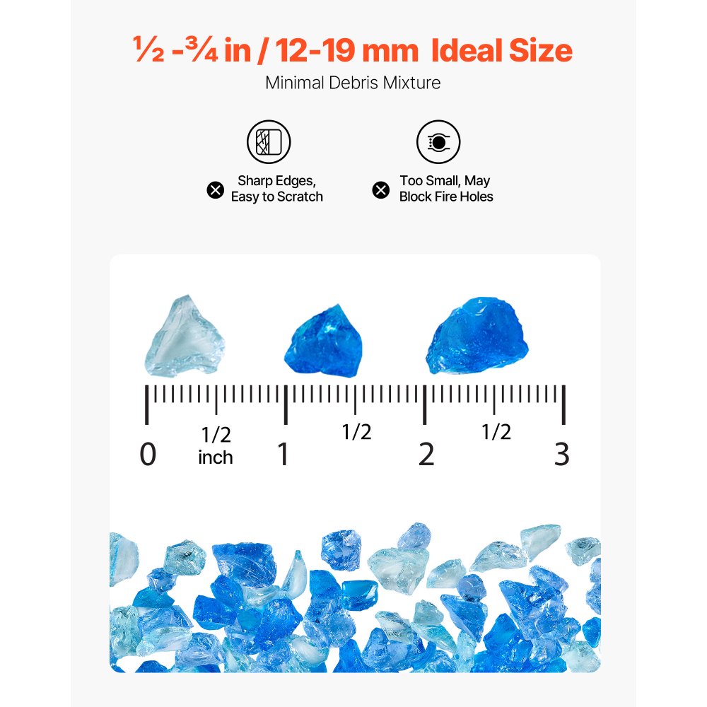 VEVOR Fire Glass, 10 LBS / 4.5 KG Fireplace Rocks, 3/4-Inch / 19.05 mm Reflective Firepit Glass Rock, High Luster Stone Landscaping for Fire Pit Table, Aqua Blue + Caribbean Blue + Aqua Green