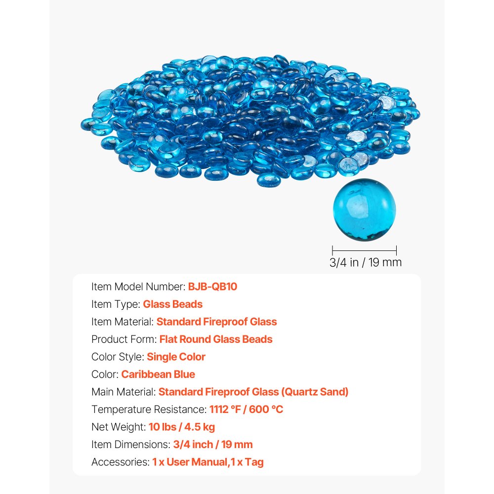 VEVOR Fire Glass, 10 lbs / 4.5 kg High-Temperature Resistant Fireplace Rocks, 3/4-Inch / 19.05 mm Reflective Firepit Glass Beads, High Luster Stone Landscaping for Fire Pit Table, Caribbean Blue