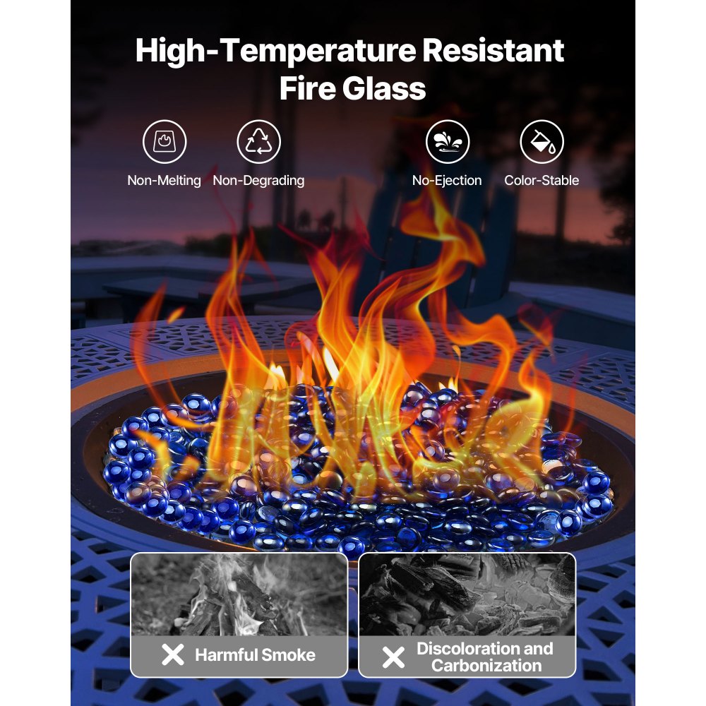 VEVOR Fire Glass, 20LBS / 9KG High-Temperature Resistant Fireplace Rocks, 3/4-Inch / 19.05 mm Reflective & Smokeless Firepit Glass Beads, High Luster Stone Landscaping for Fire Pit Table, Cobalt Blue