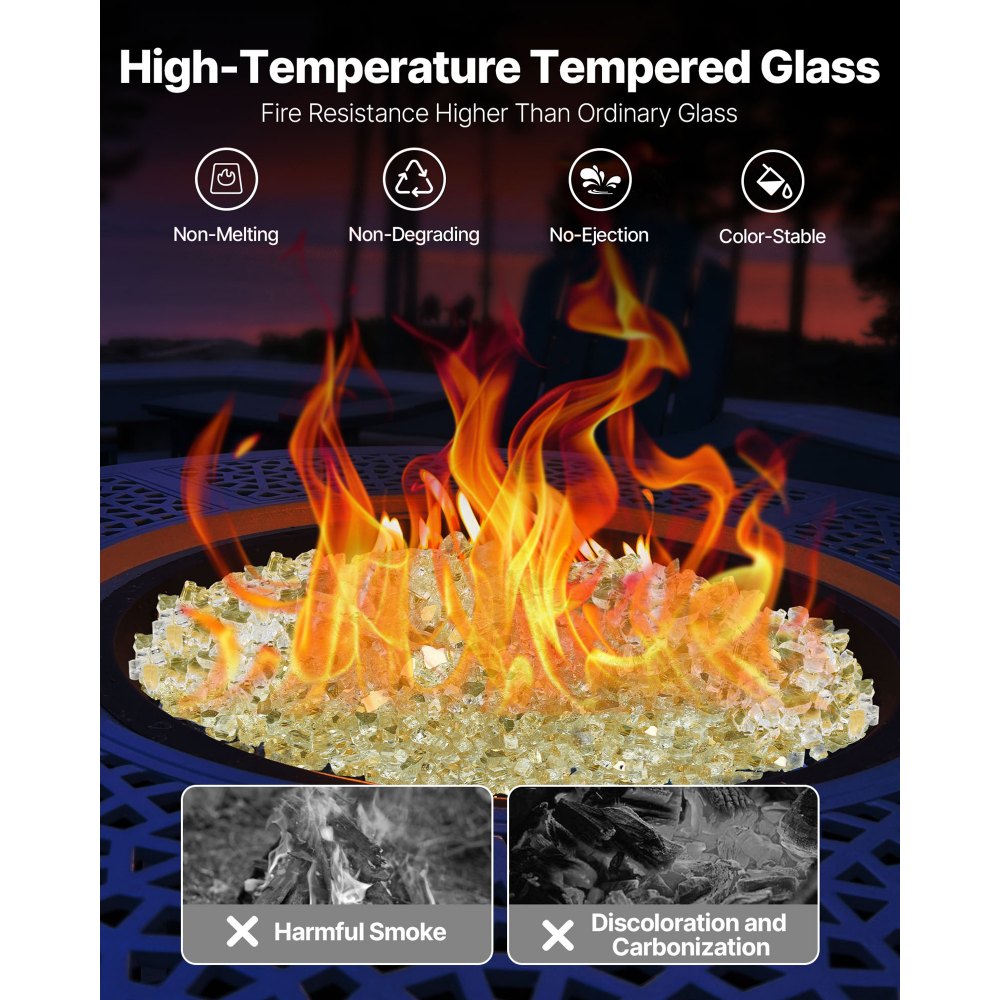 VEVOR Vetro per Braciere, Pietre per Caminetti Resistenti alle Alte Temperature, 4,5 kg, Riflettenti e Antifumo da 12,7 mm, Perle di Vetro Alta Lucentezza per Tavolo da Braciere, Colore Oro