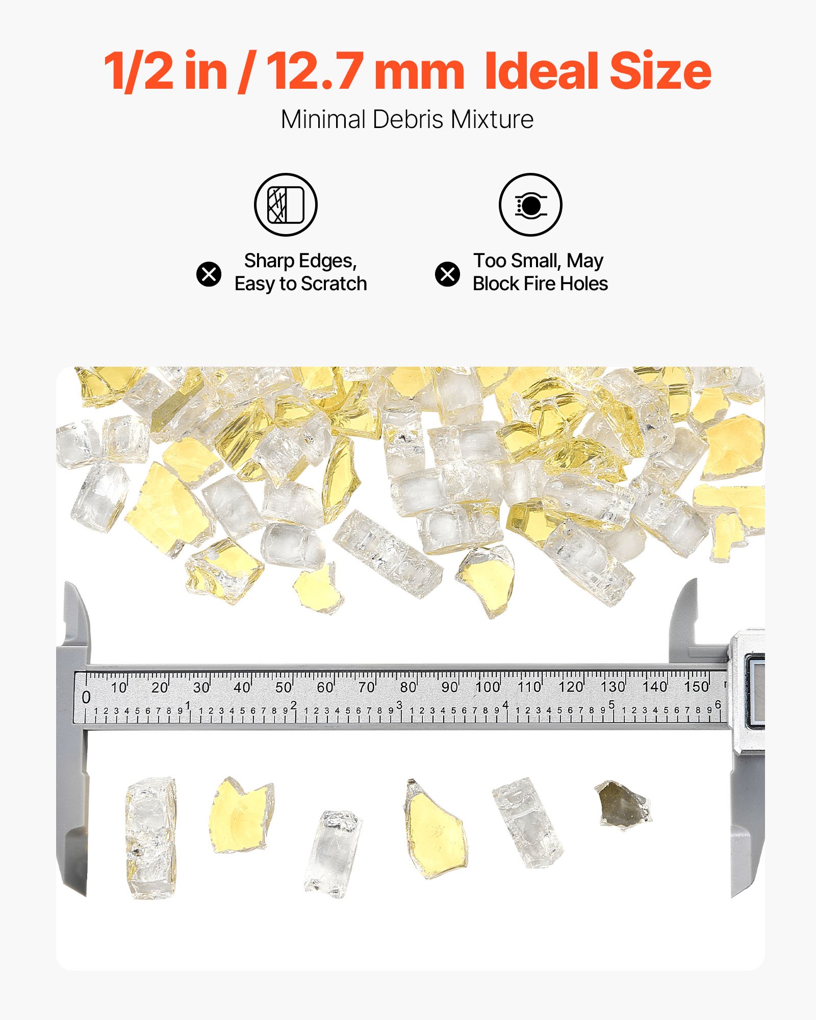 VEVOR Vetro per Braciere, Pietre per Caminetti Resistenti alle Alte Temperature, 4,5 kg, Riflettenti e Antifumo da 12,7 mm, Perle di Vetro Alta Lucentezza per Tavolo da Braciere, Colore Oro