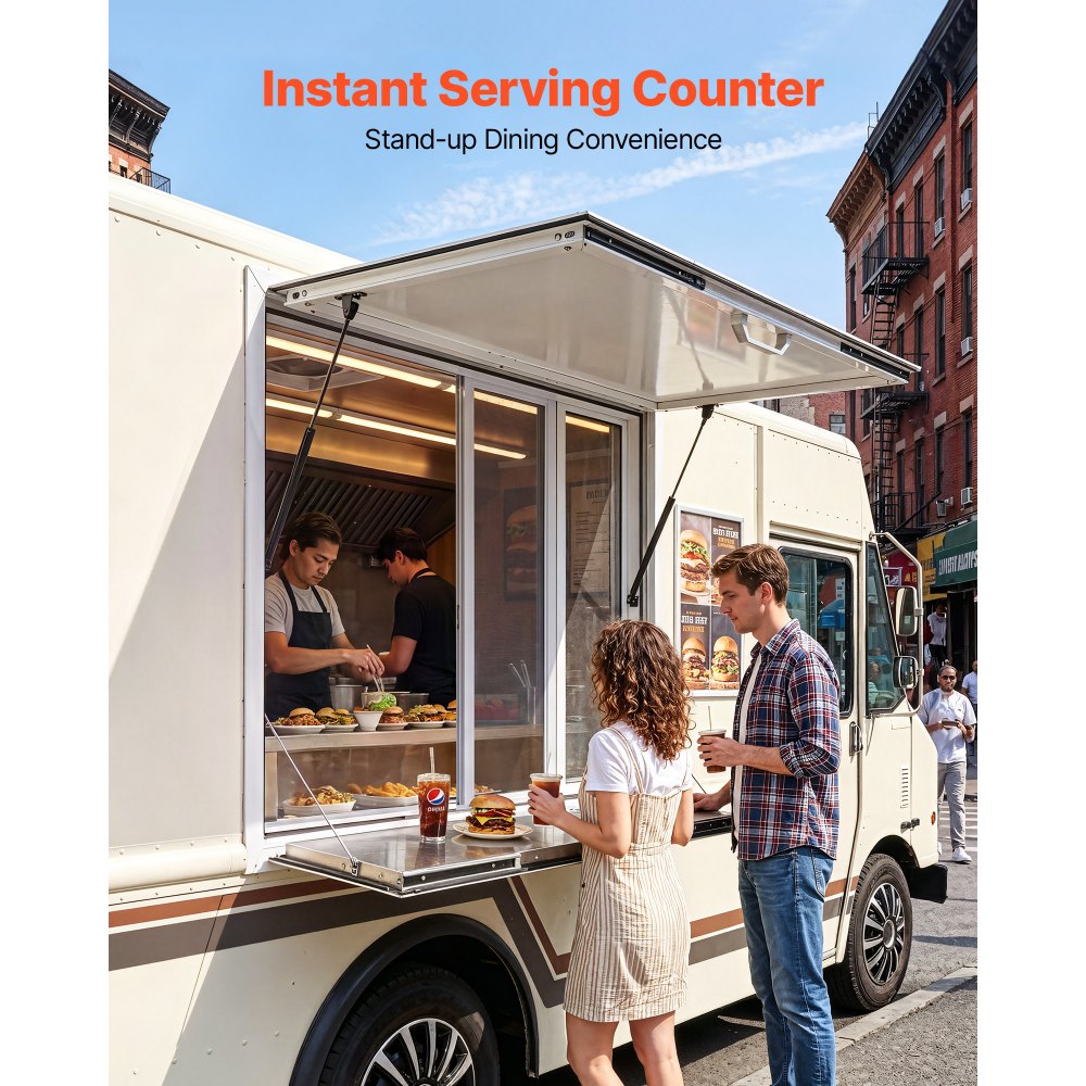 VEVOR Finestra Servizio Food Truck Finestre a Zanzariera Bancone Ribaltato Sportello di Servizio 915 x 915 mm con Tendalino Pieghevole, 4 Finestre Scorrevoli, Lega di Alluminio, Furgone di Vendita