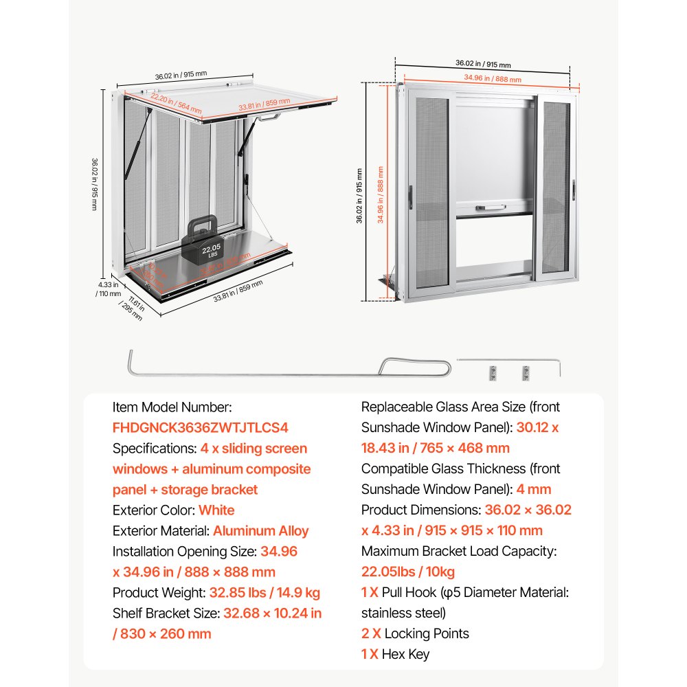 VEVOR Finestra Servizio Food Truck Finestre a Zanzariera Bancone Ribaltato Sportello di Servizio 915 x 915 mm con Tendalino Pieghevole, 4 Finestre Scorrevoli, Lega di Alluminio, Furgone di Vendita