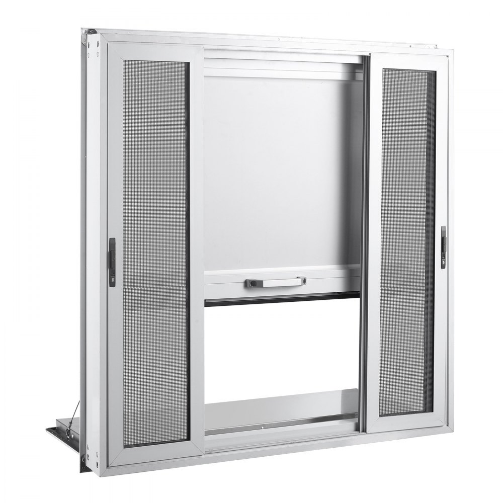 VEVOR Finestra Servizio Food Truck Finestre a Zanzariera Bancone Ribaltato Sportello di Servizio 915 x 915 mm con Tendalino Pieghevole, 4 Finestre Scorrevoli, Lega di Alluminio, Furgone di Vendita