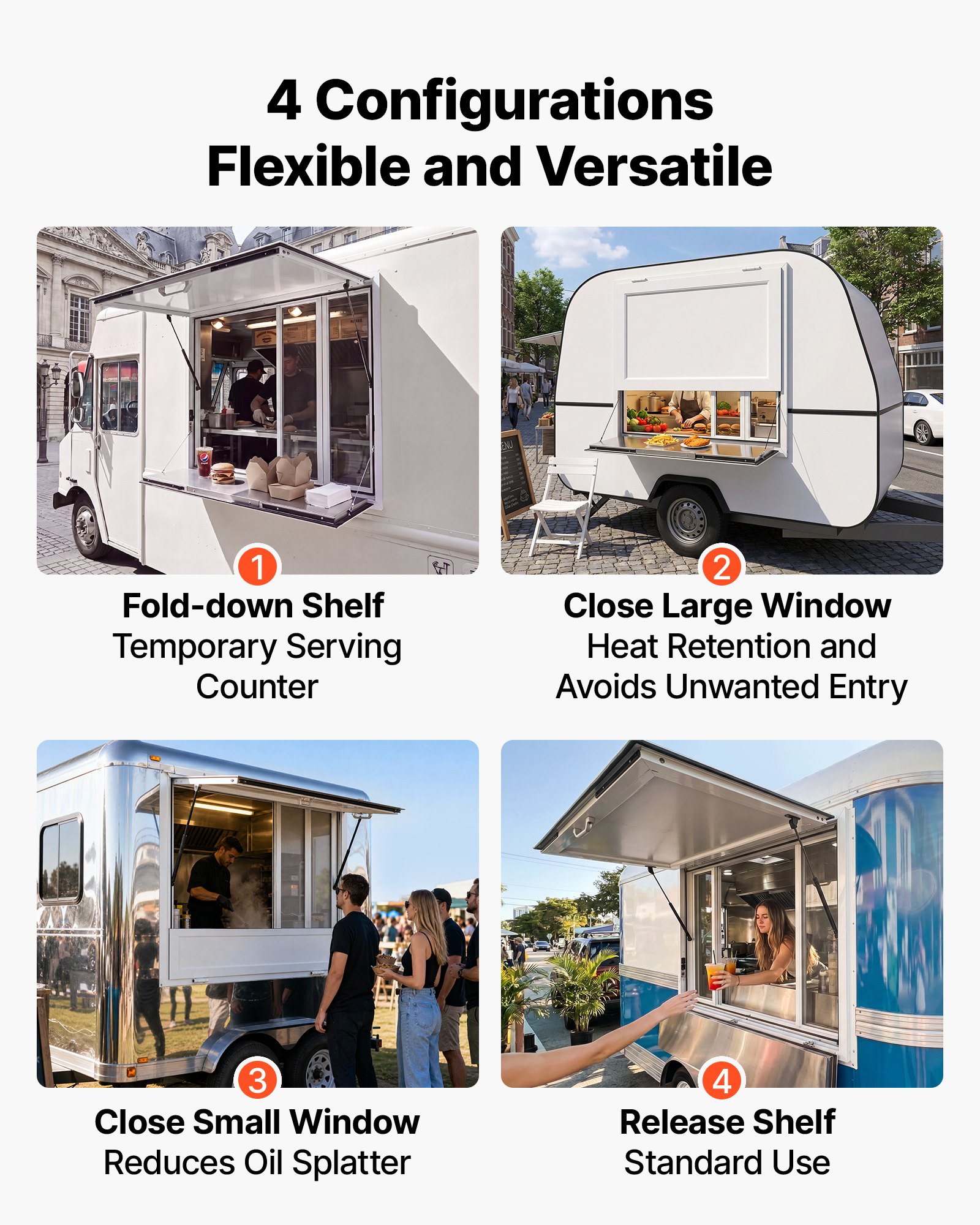 VEVOR Finestra Servizio Food Truck Finestre a Zanzariera Bancone Ribaltato Sportello di Servizio 915 x 915 mm con Tendalino Pieghevole, 4 Finestre Scorrevoli, Lega di Alluminio, Furgone di Vendita