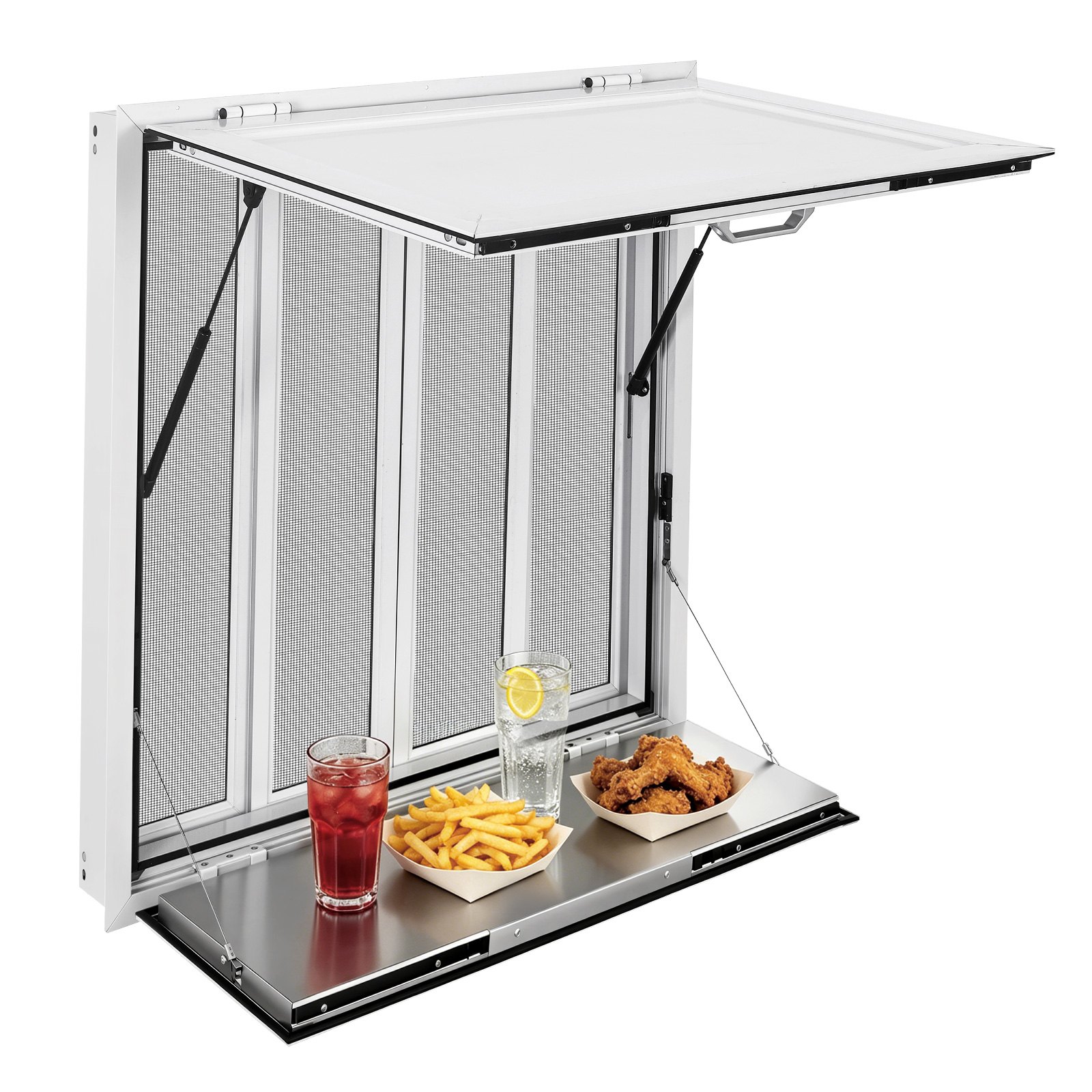 VEVOR Finestra Servizio Food Truck Finestre a Zanzariera Bancone Ribaltato Sportello di Servizio 915 x 915 mm con Tendalino Pieghevole, 4 Finestre Scorrevoli, Lega di Alluminio, Furgone di Vendita