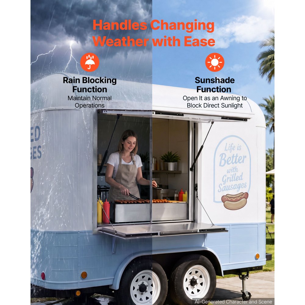 VEVOR Finestra di Servizio Bancone Pieghevole per Food Truck 915 x 915 mm Sportello di Servizio per Furgone Lega di Alluminio, Pannello Apertura max 85 Gradi, Tendalino, Tendalino, Gancio di Traino