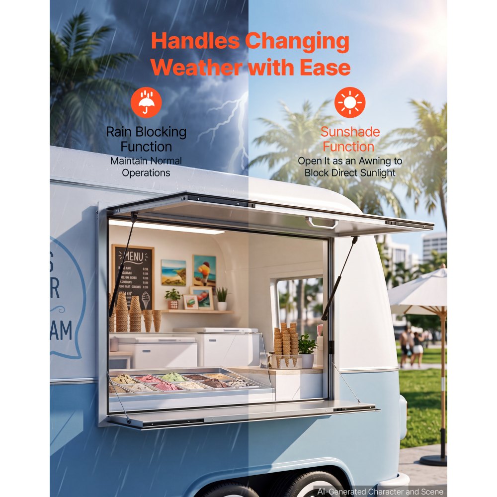VEVOR Finestra di Servizio Bancone Pieghevole per Food Truck 1220 x 915 mm Sportello di Servizio in Lega di Alluminio, Pannello a Tendalino per Pioggia, Chiosco, Furgone di Vendita, Colore Bianco